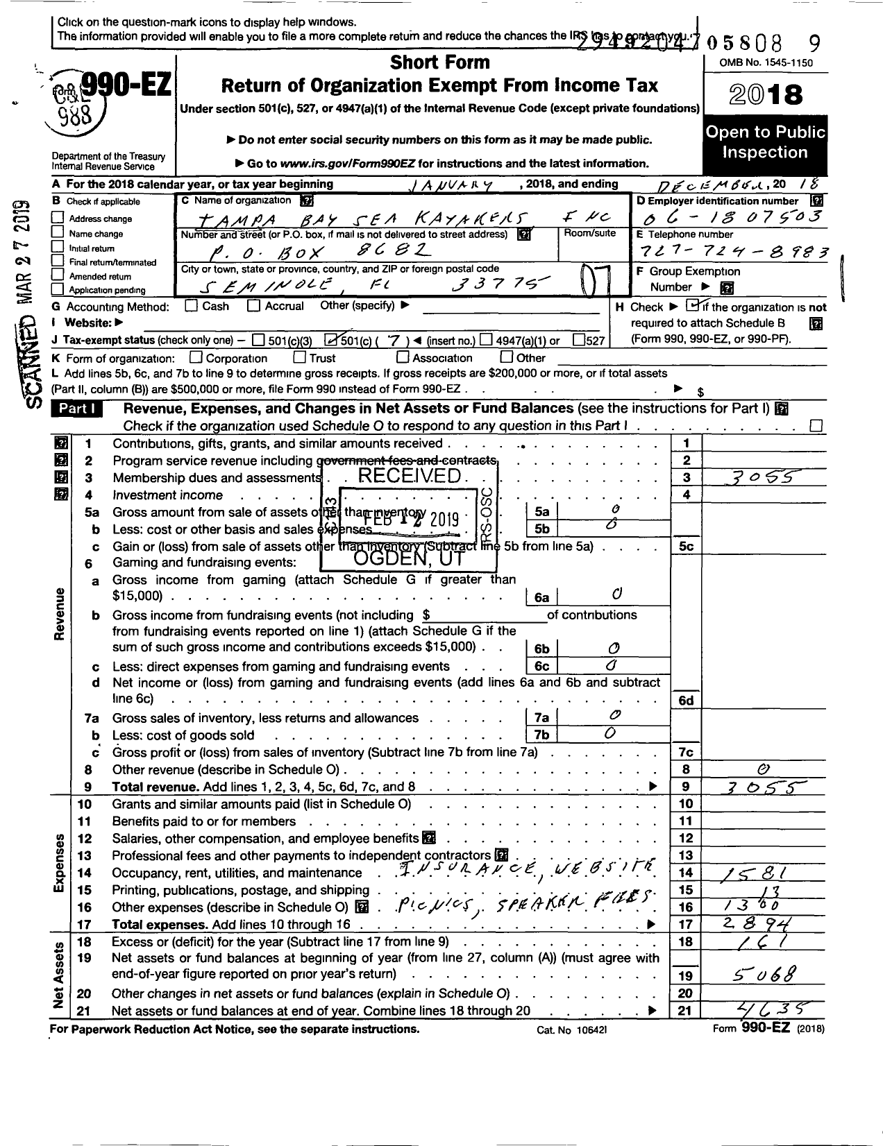 Image of first page of 2018 Form 990EO for Tampa Bay Sea Kayakers