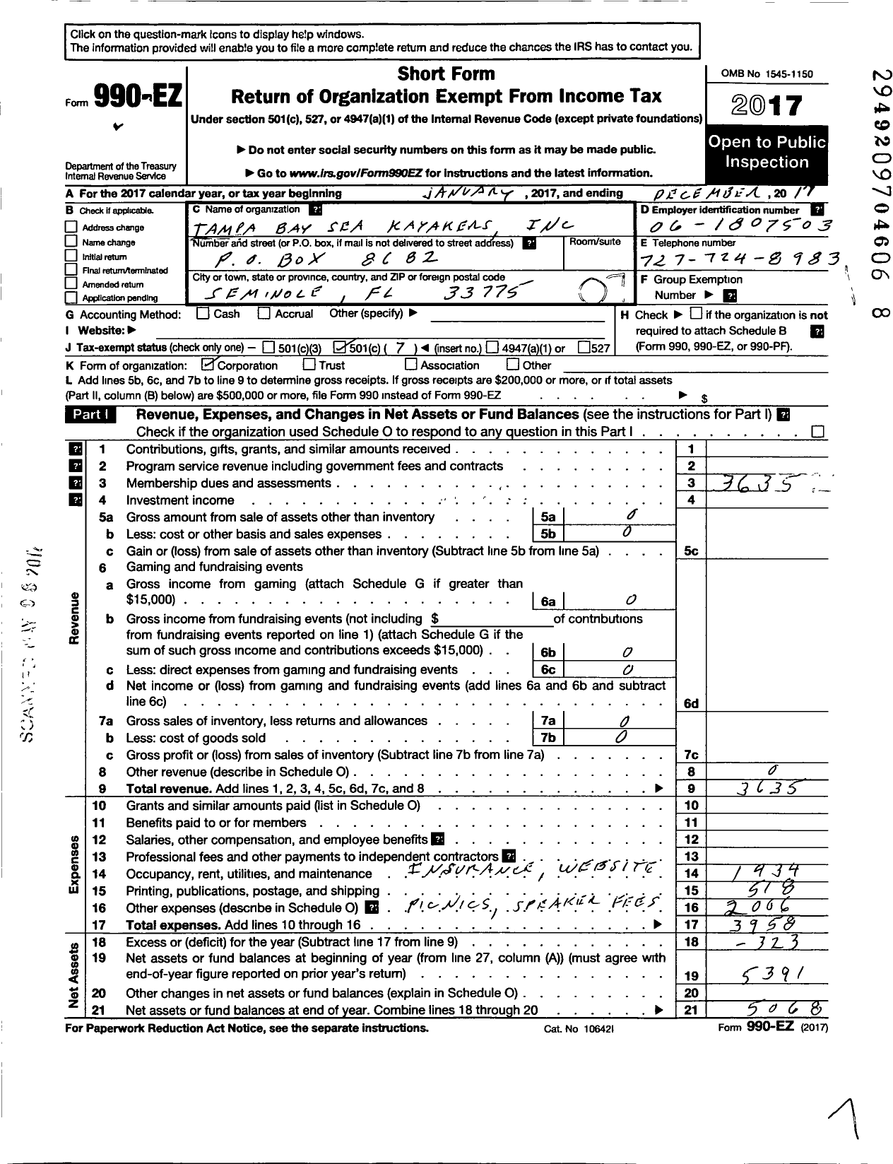 Image of first page of 2017 Form 990EO for Tampa Bay Sea Kayakers