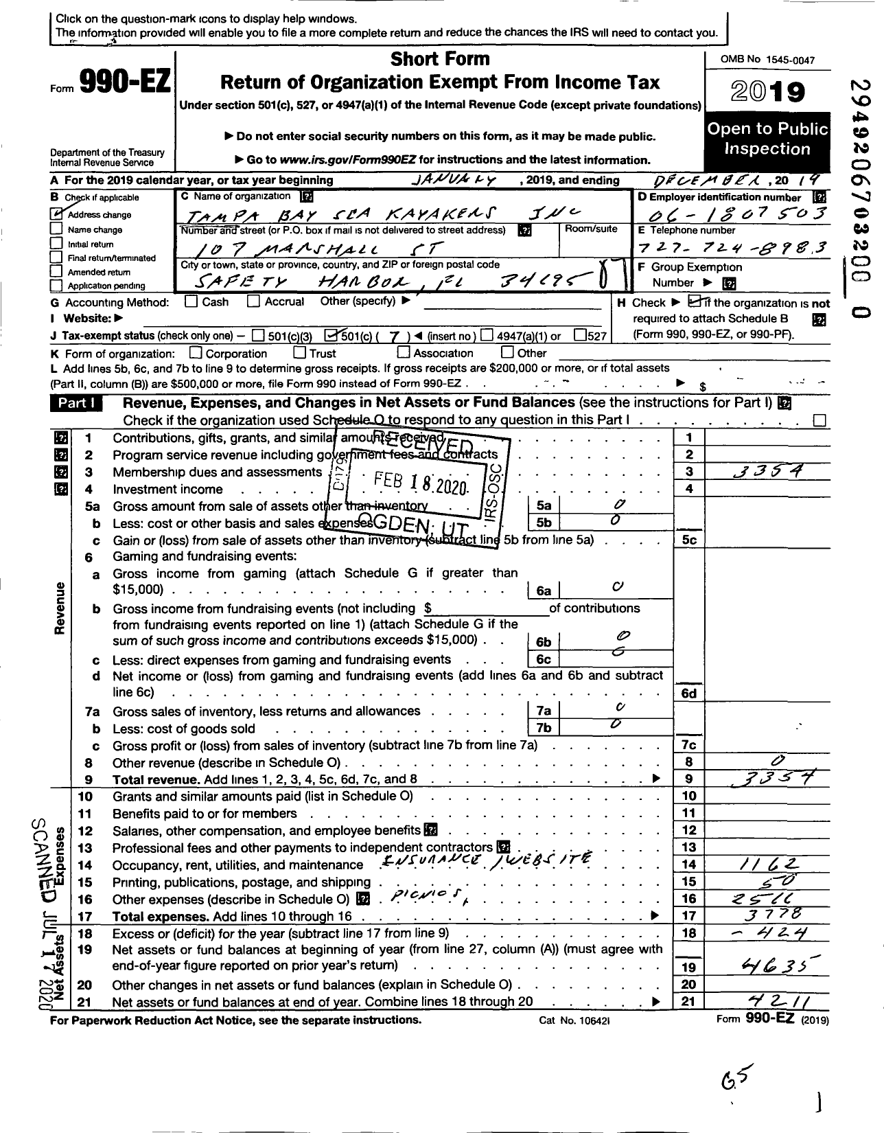 Image of first page of 2019 Form 990EO for Tampa Bay Sea Kayakers