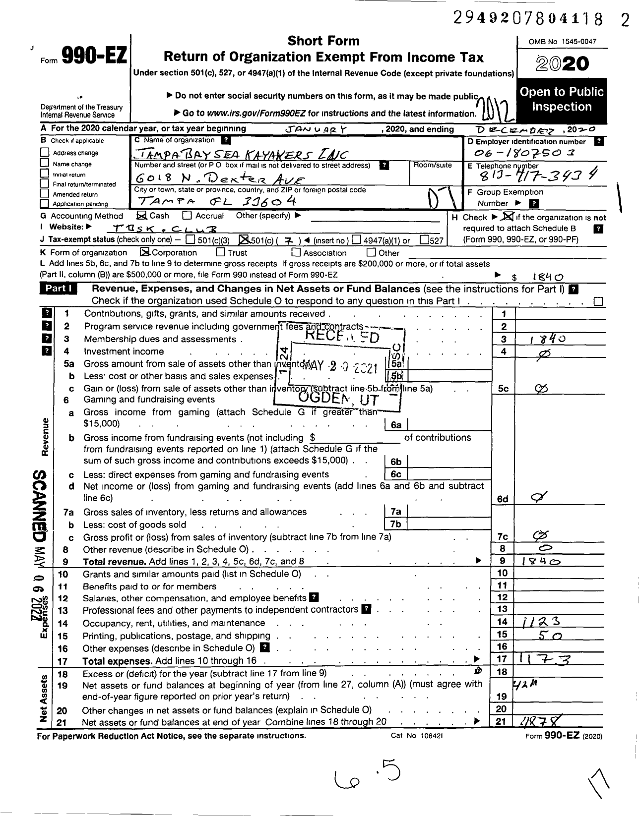 Image of first page of 2020 Form 990EO for Tampa Bay Sea Kayakers