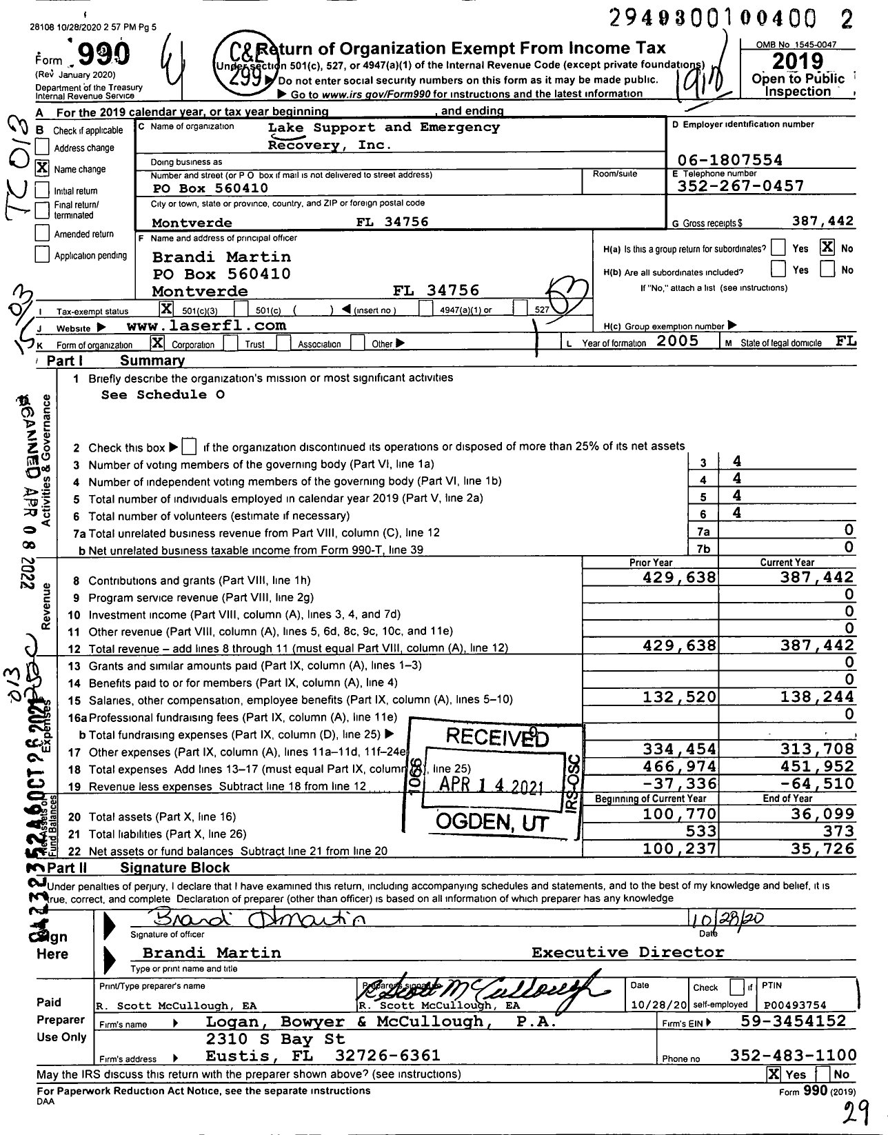 Image of first page of 2019 Form 990 for Lake Support and Emergency Recovery