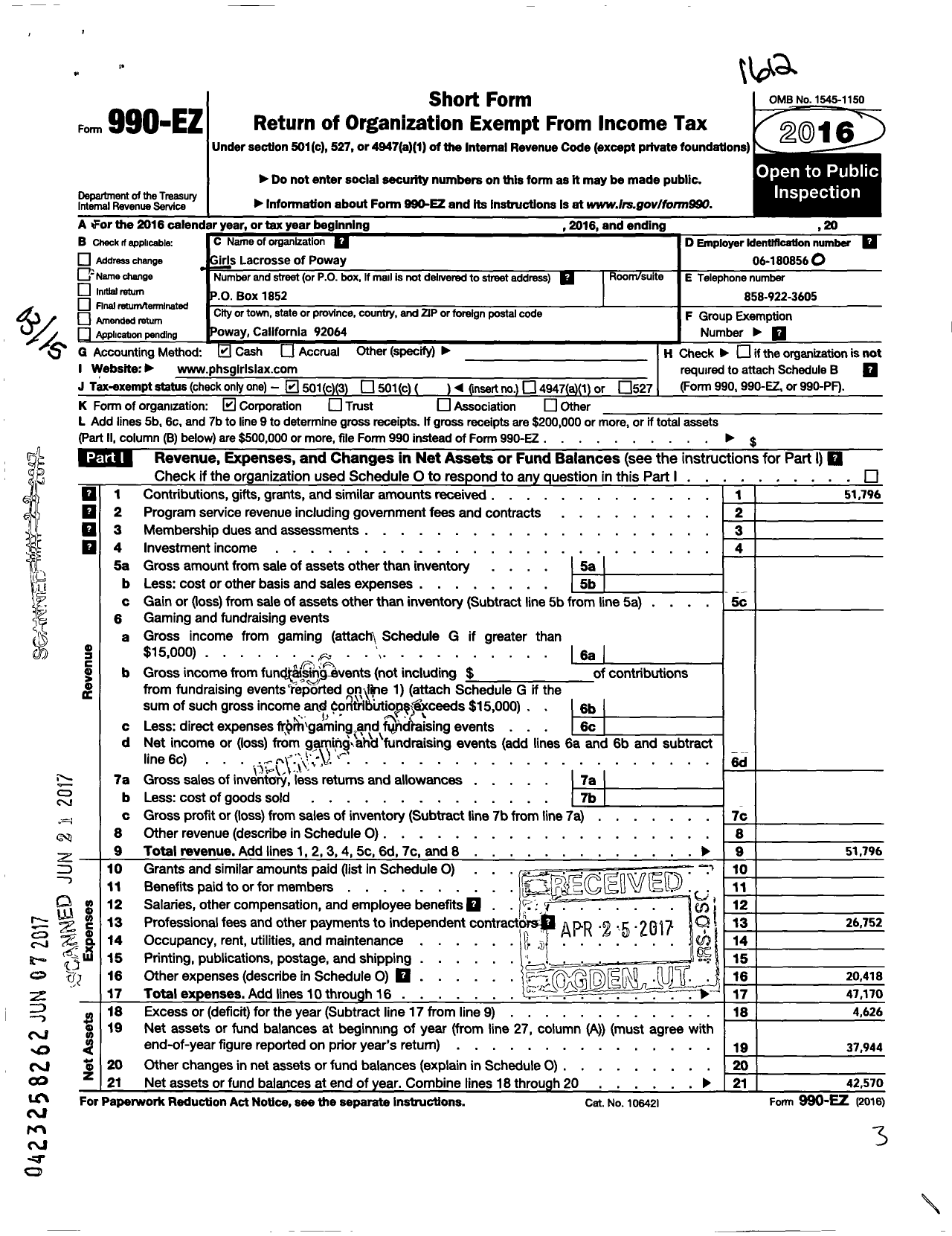 Image of first page of 2016 Form 990EZ for Girls Lacrosse of Poway