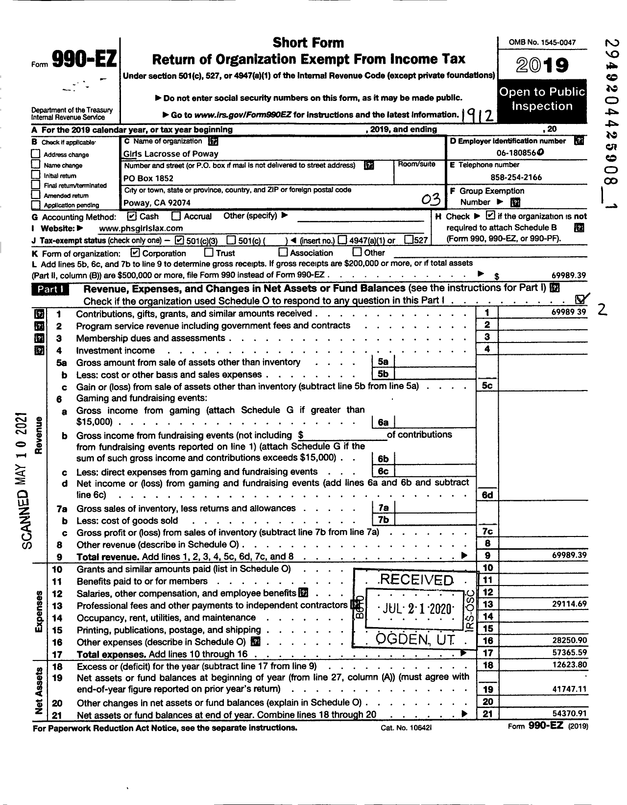 Image of first page of 2019 Form 990EZ for Girls Lacrosse of Poway