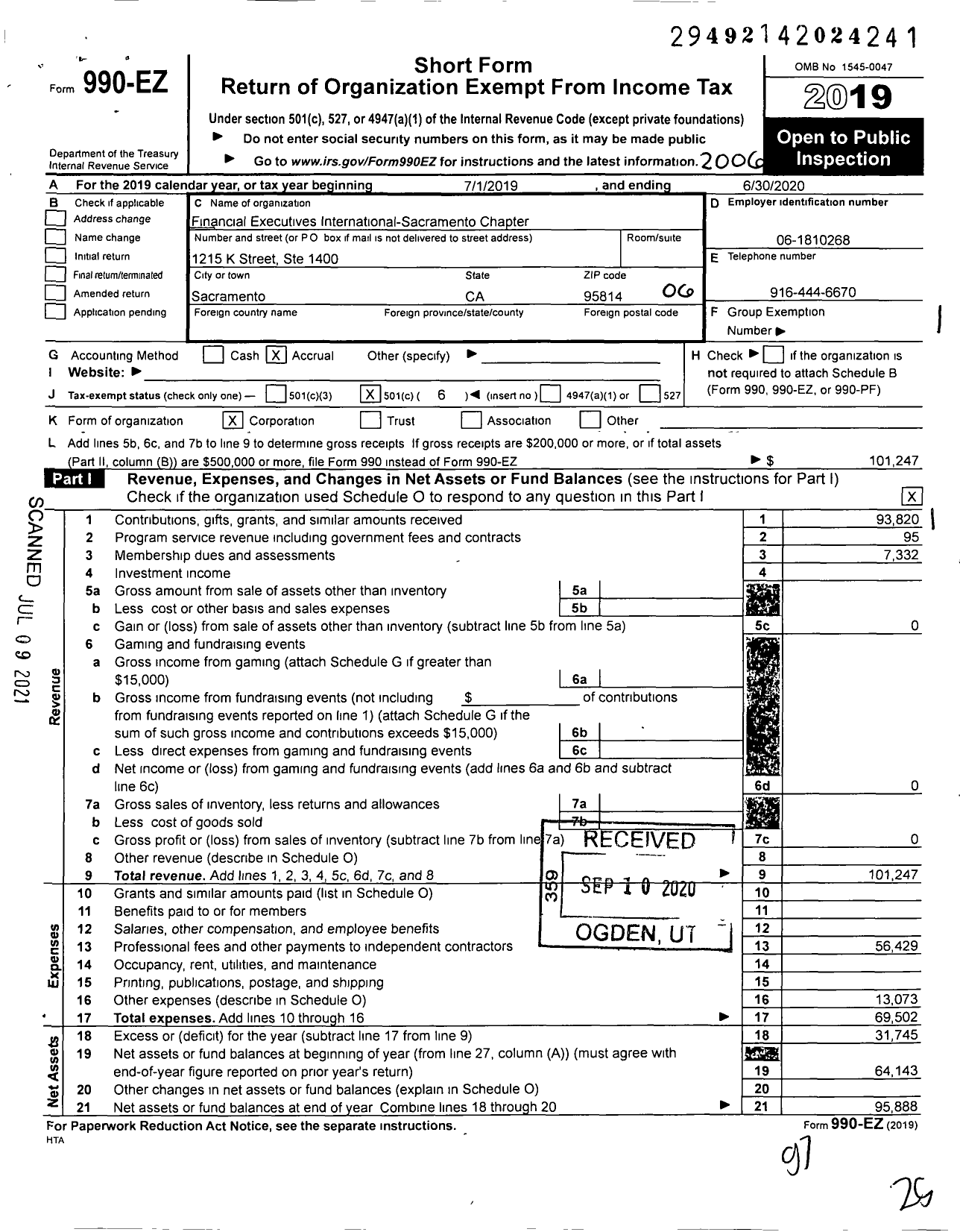 Image of first page of 2019 Form 990EO for Financial Executives International- Sacramento Chapter