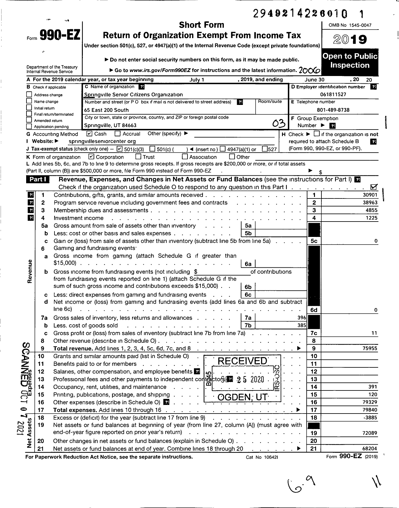 Image of first page of 2019 Form 990EZ for Springville Senior Citizens Organization