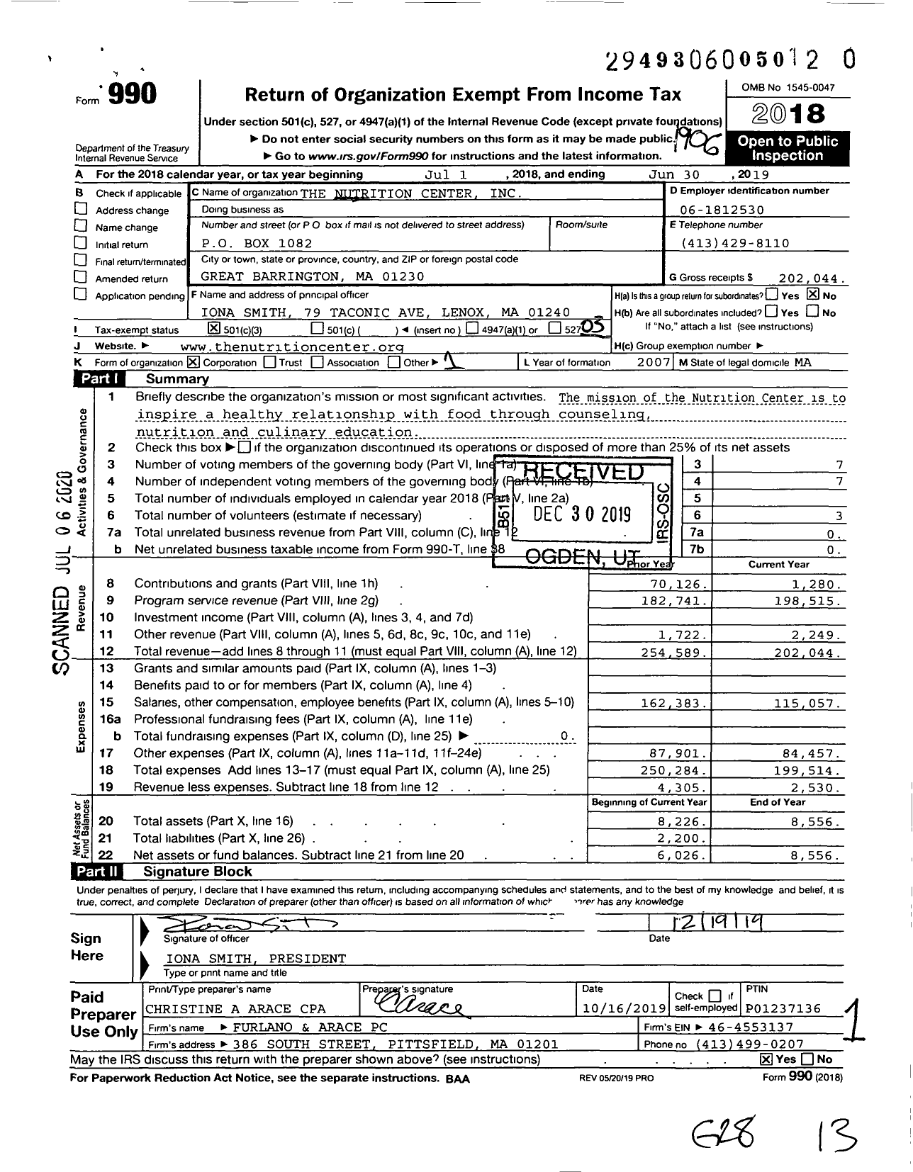 Image of first page of 2018 Form 990 for The Nutrition Center