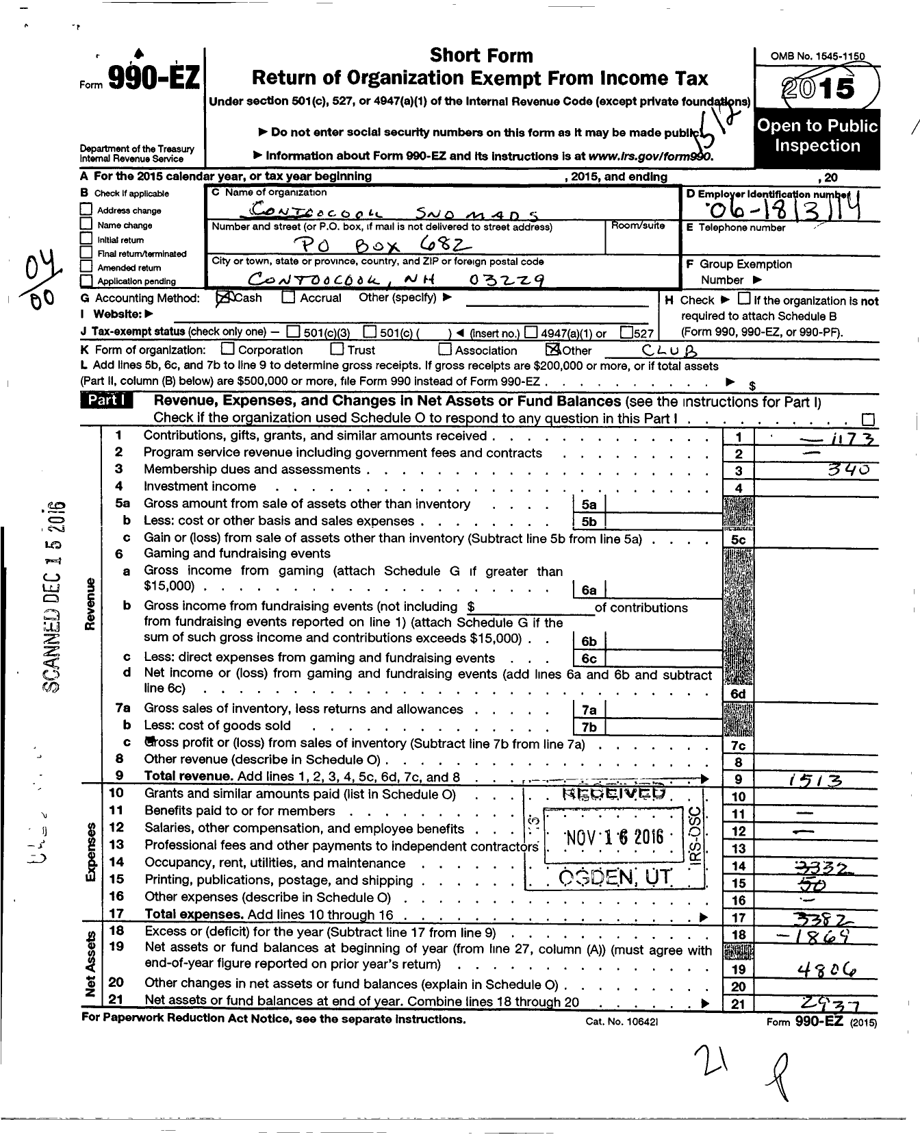 Image of first page of 2015 Form 990EO for Contoocook Sno-Mads Snowmobile Club