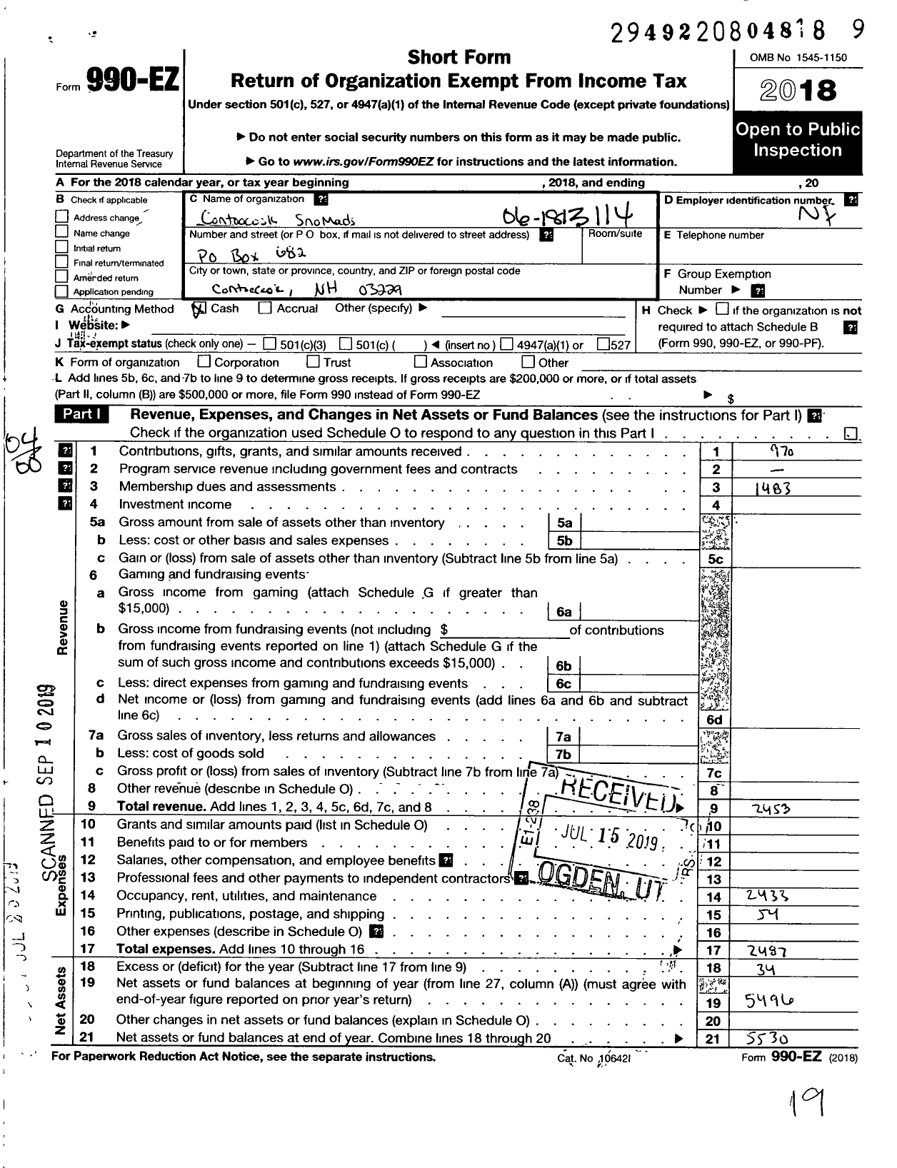 Image of first page of 2018 Form 990EO for Contoocook Sno-Mads Snowmobile Club