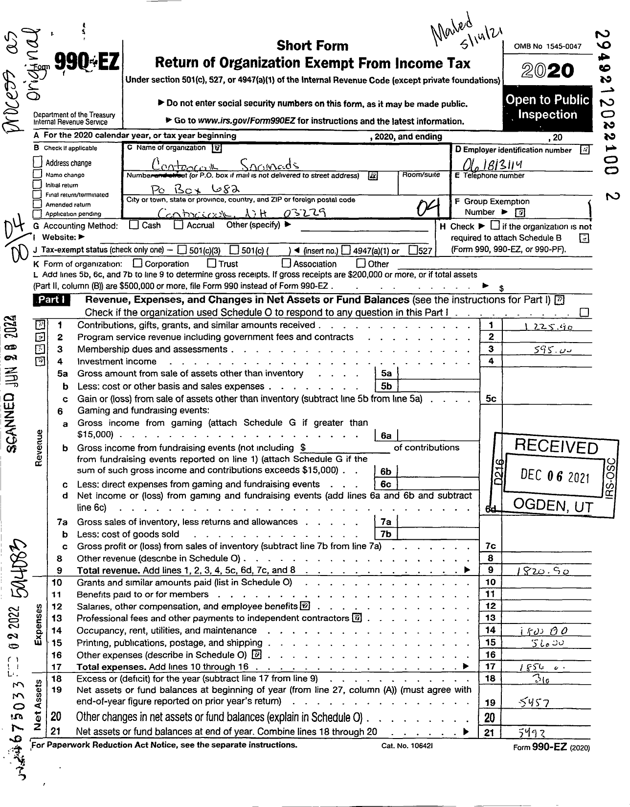 Image of first page of 2020 Form 990EO for Contoocook Sno-Mads Snowmobile Club