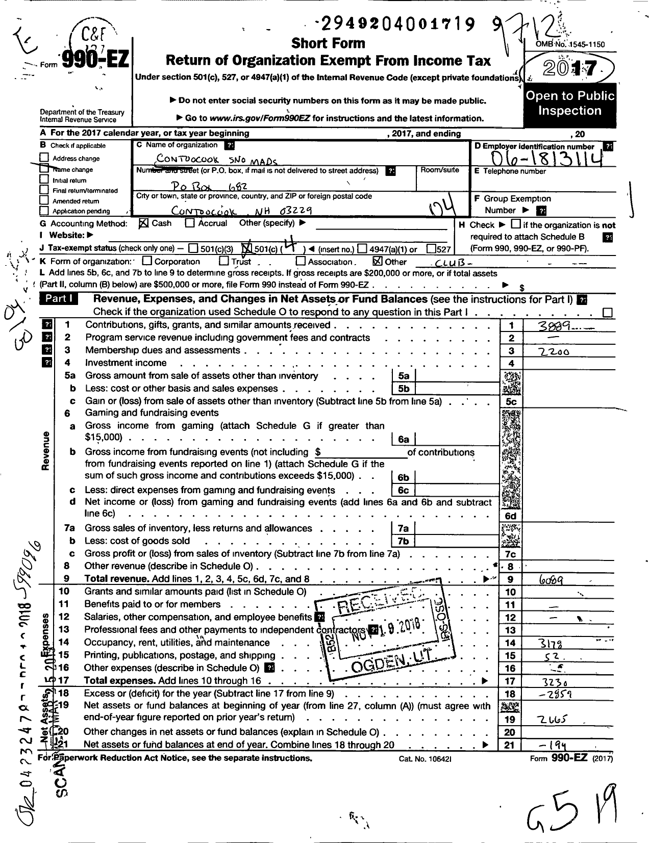 Image of first page of 2017 Form 990EO for Contoocook Sno-Mads Snowmobile Club