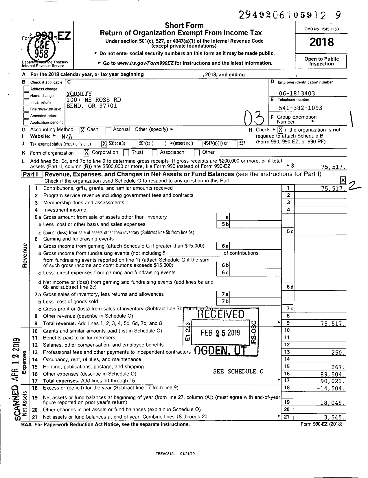 Image of first page of 2018 Form 990EZ for Younity