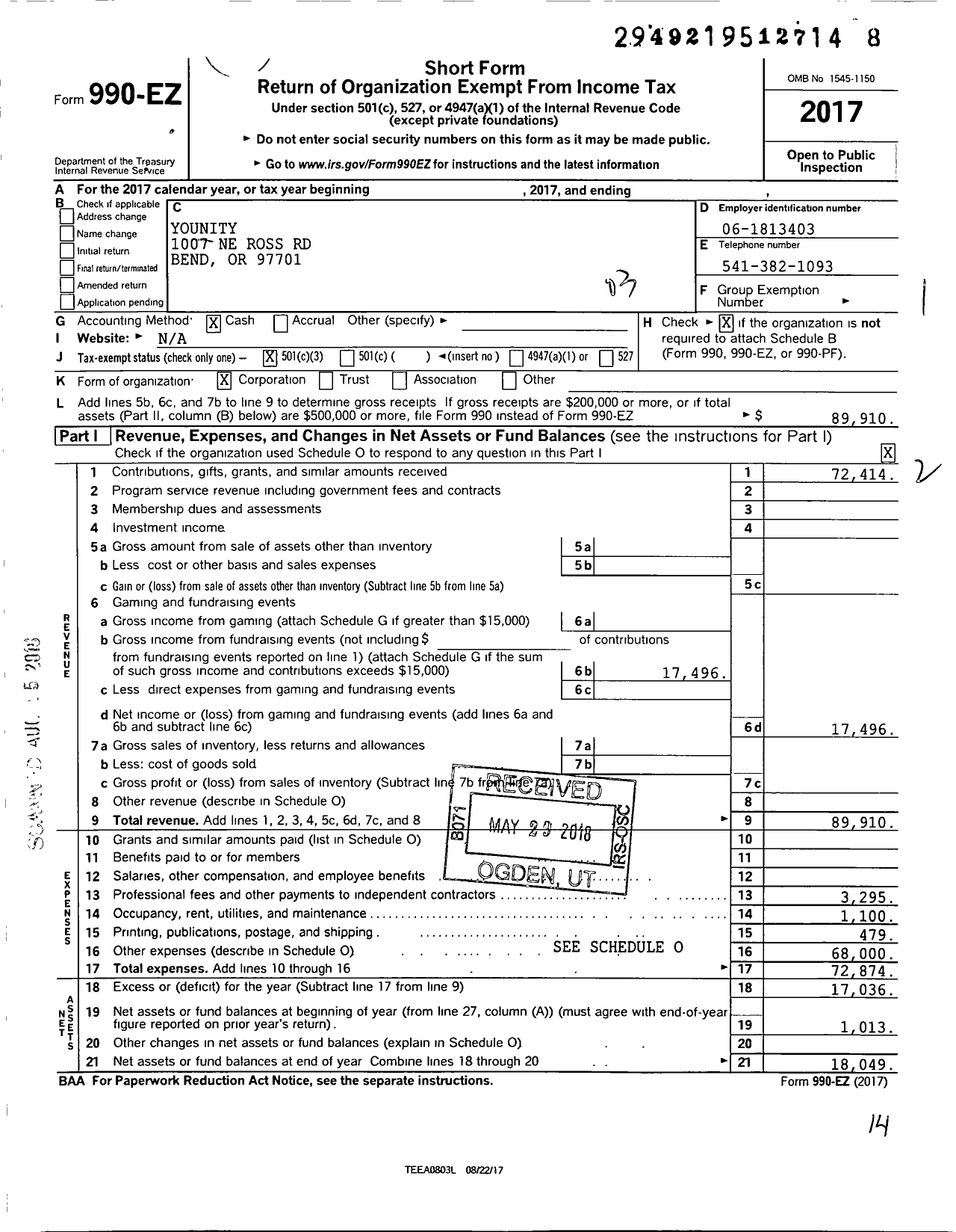Image of first page of 2017 Form 990EZ for Younity