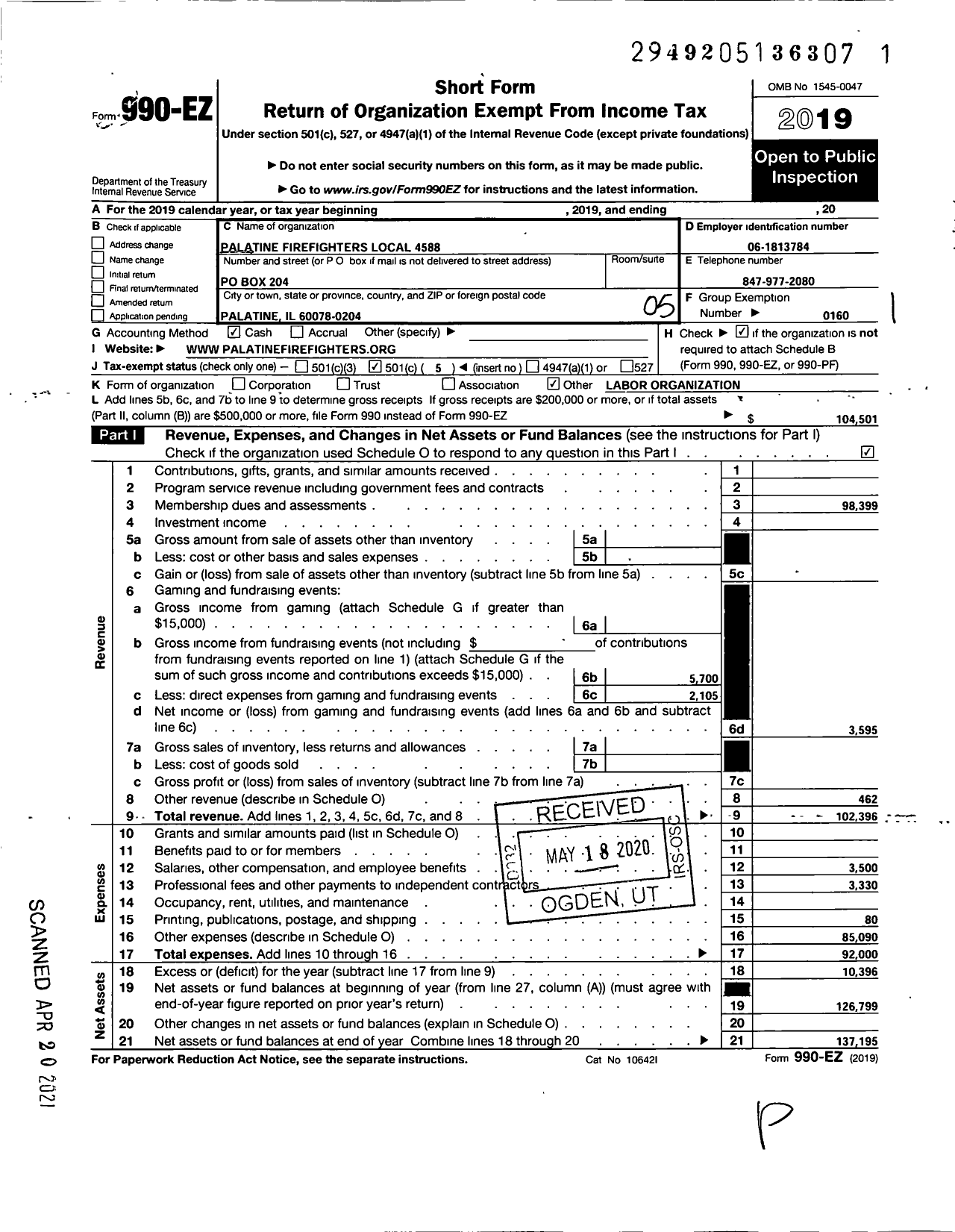 Image of first page of 2019 Form 990EO for International Association of Fire Fighters - 4588 Local Palatine Fire Fighters