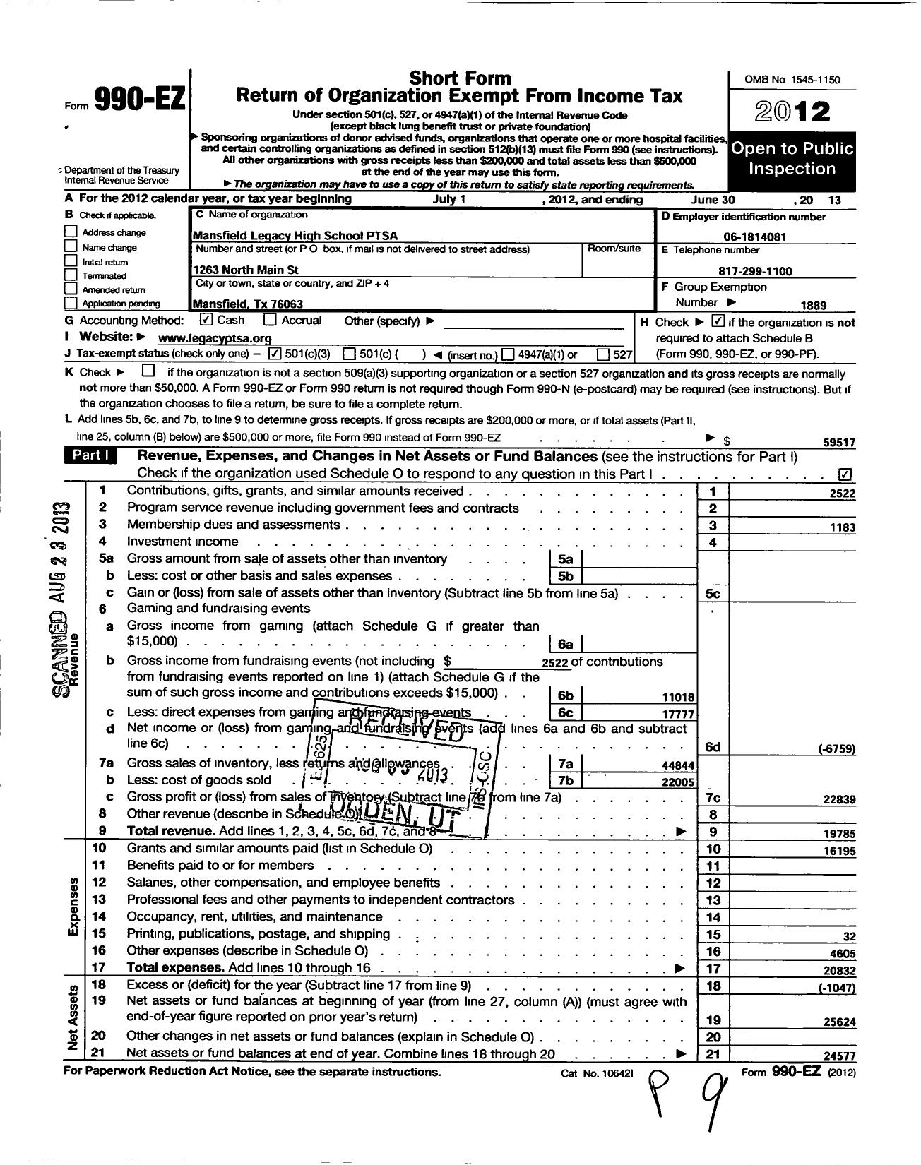 Image of first page of 2012 Form 990EZ for Texas PTA - 11786 Mansfield Legacy High SCH PTA