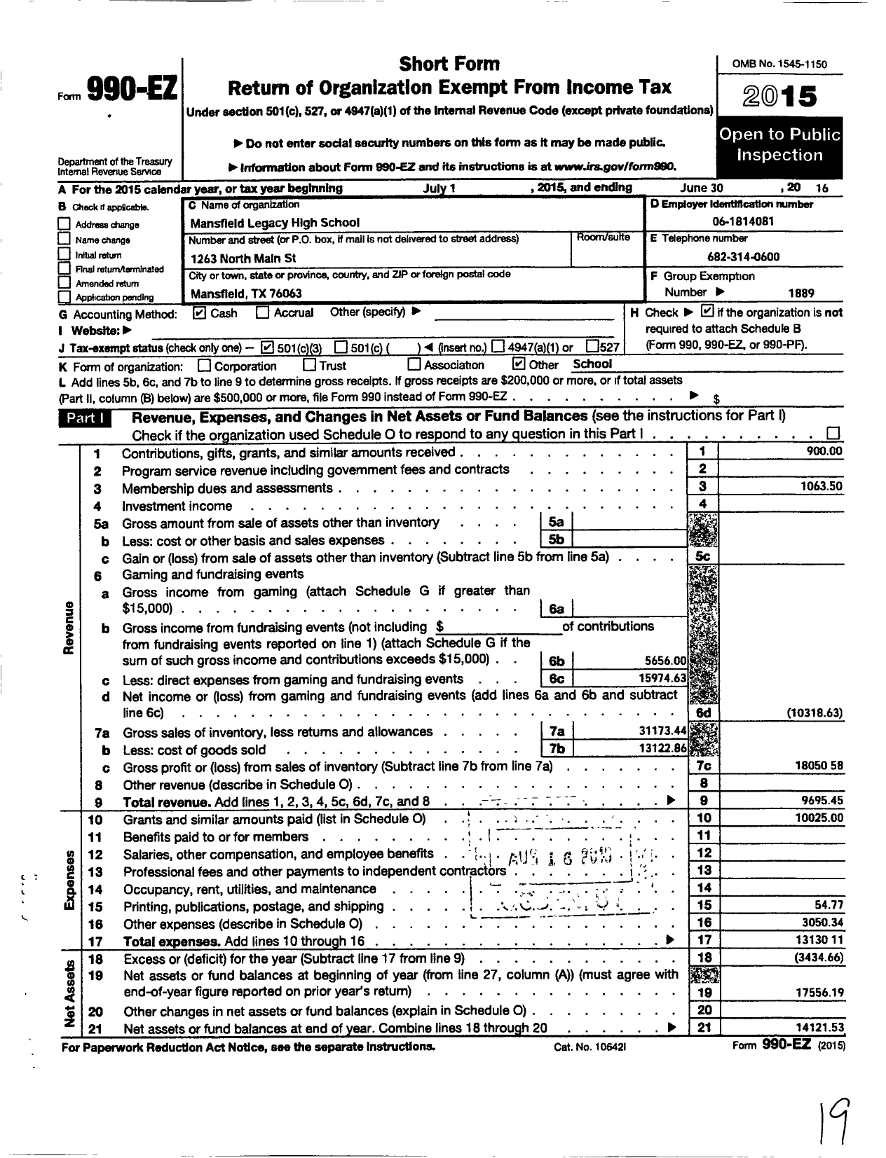 Image of first page of 2015 Form 990EZ for Texas PTA - 11786 Mansfield Legacy High SCH PTA