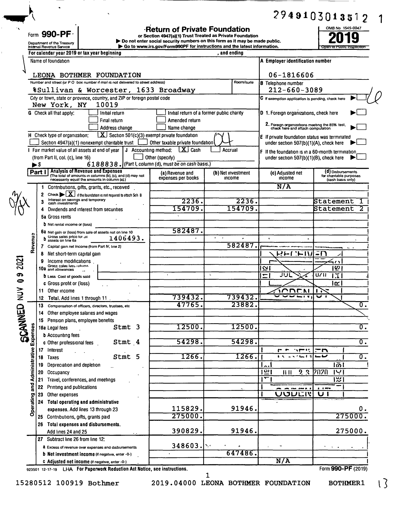 Image of first page of 2019 Form 990PF for Leona Bothmer Foundation