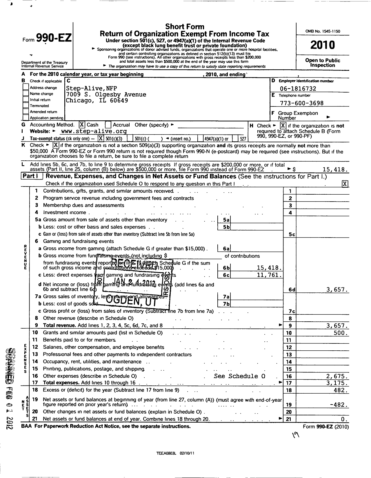 Image of first page of 2010 Form 990EZ for Step-Alive NFP