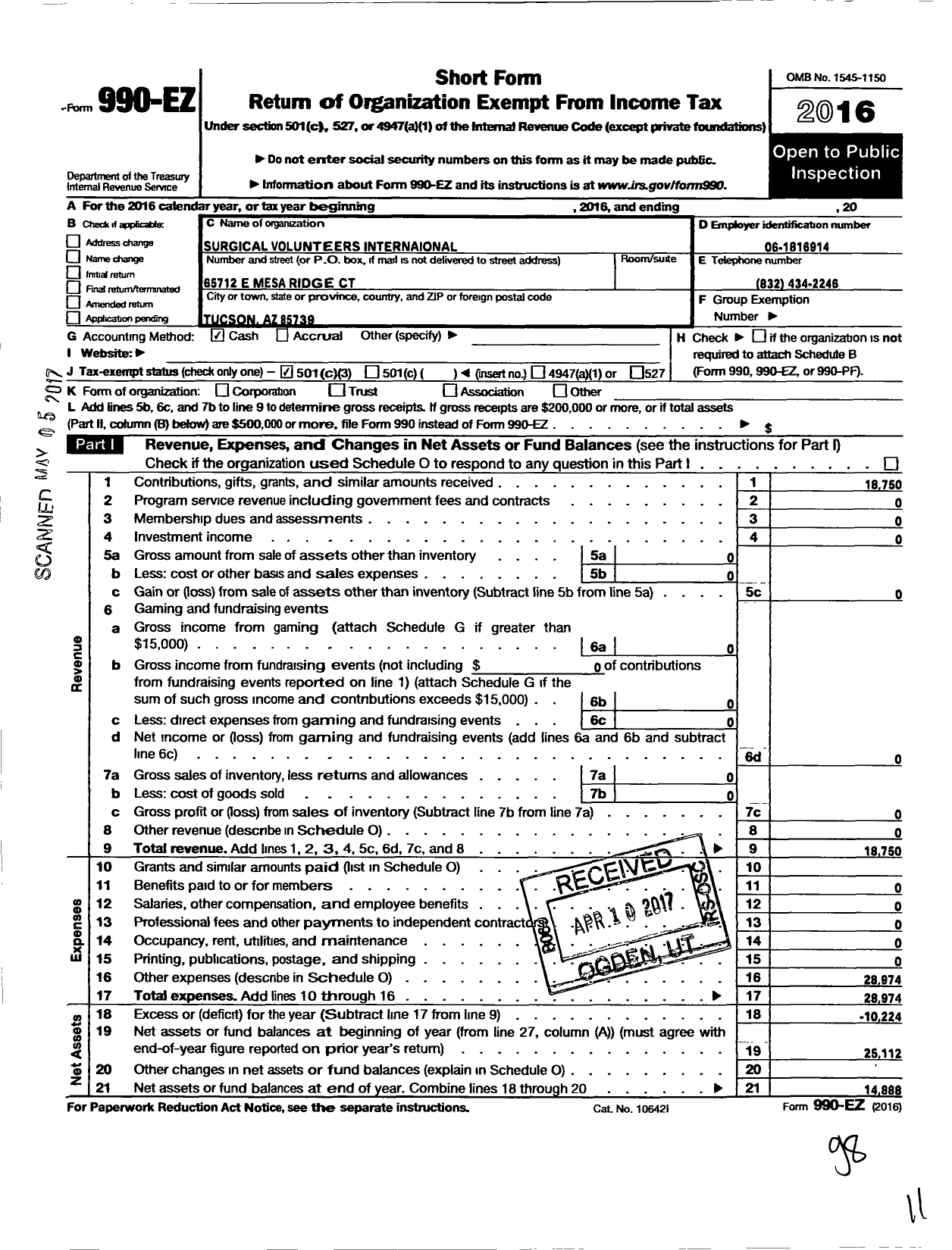 Image of first page of 2016 Form 990EZ for Surgical Volunteers International