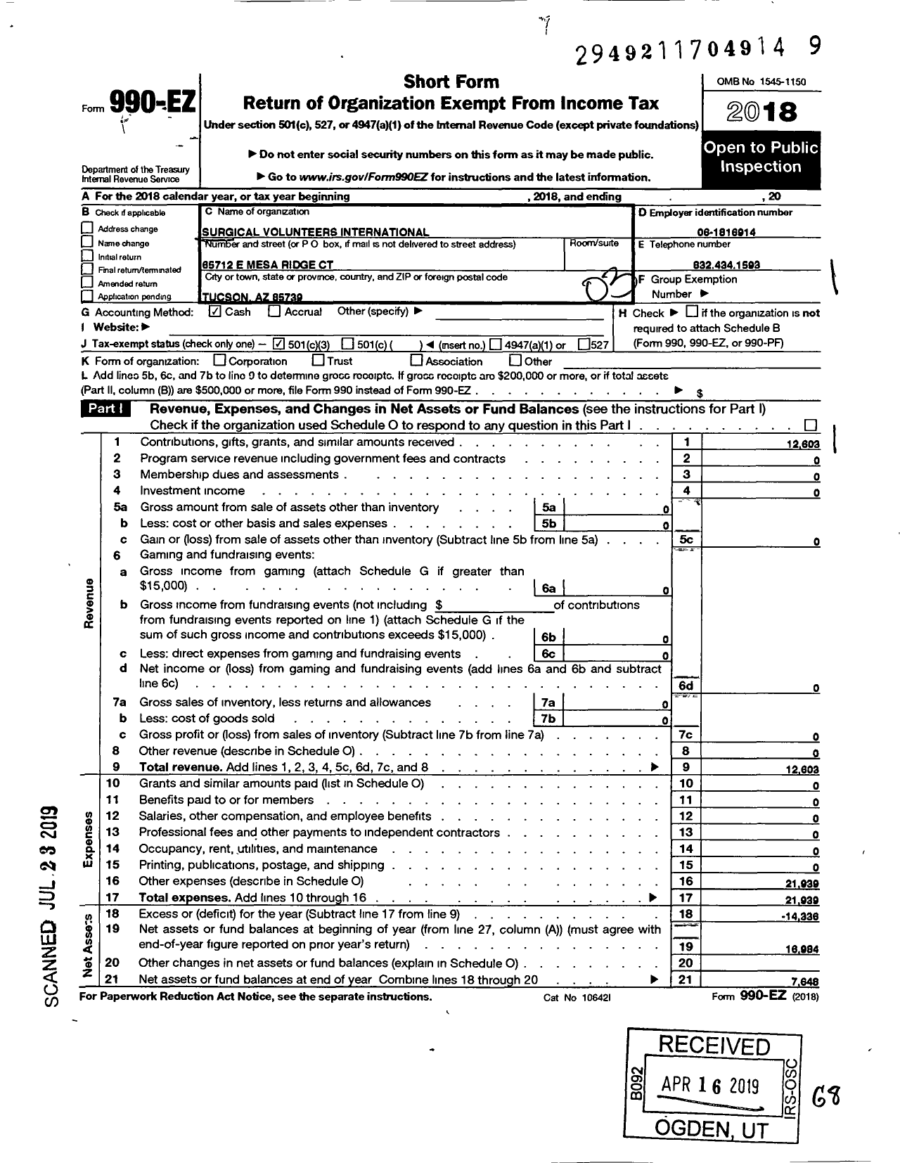 Image of first page of 2018 Form 990EZ for Surgical Volunteers International