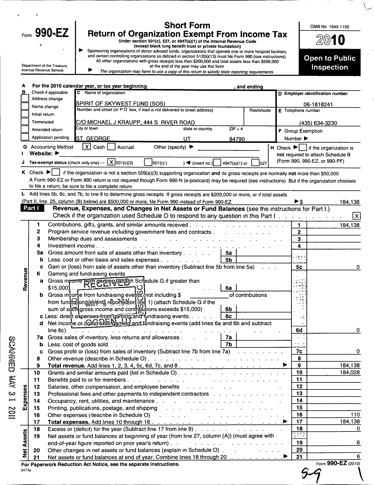 Image of first page of 2010 Form 990EZ for Spirit of Skywest Fund