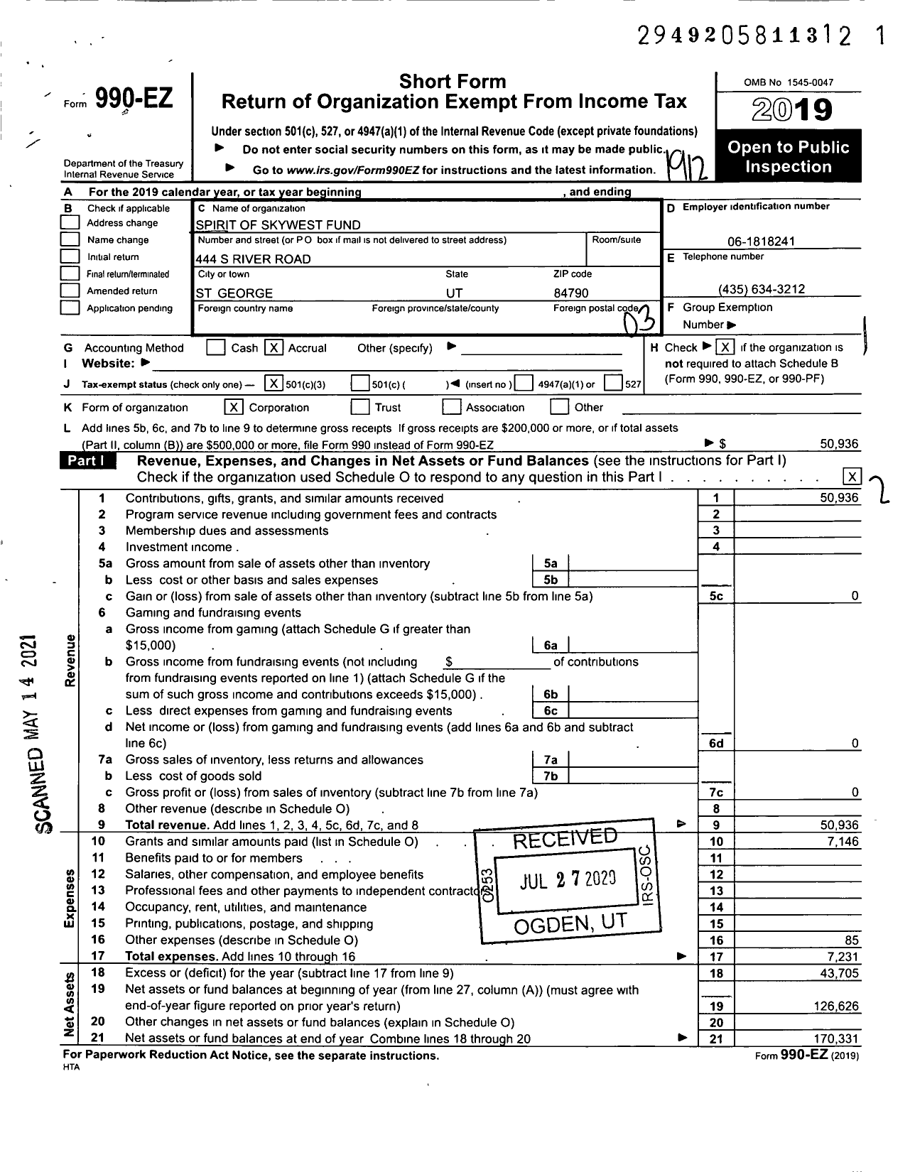 Image of first page of 2019 Form 990EZ for Spirit of Skywest Fund