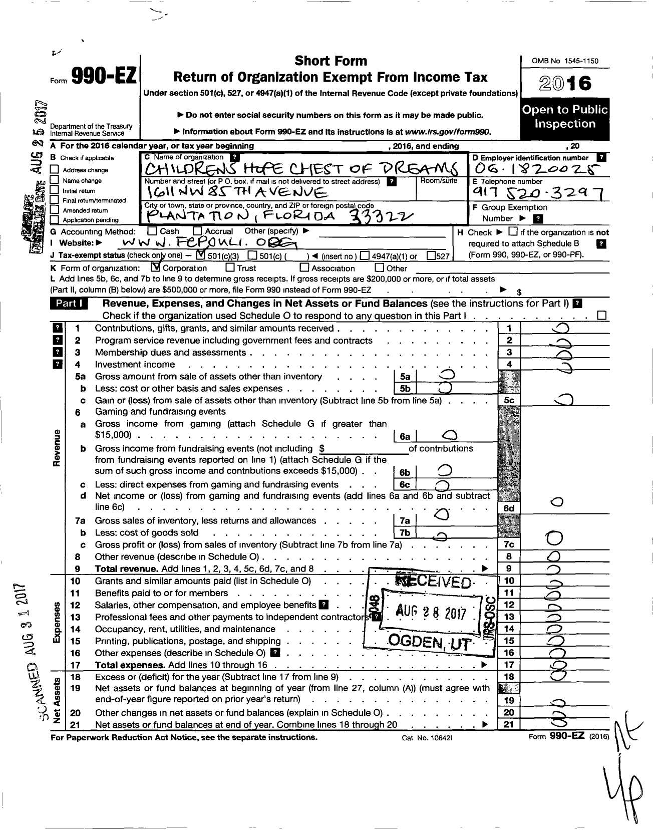 Image of first page of 2016 Form 990EZ for Childrens Hope Chest of Dreams