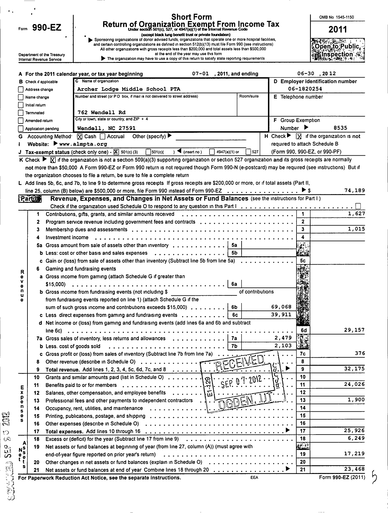 Image of first page of 2011 Form 990EZ for North Carolina PTA - Heidi Petty PTA Treasurer