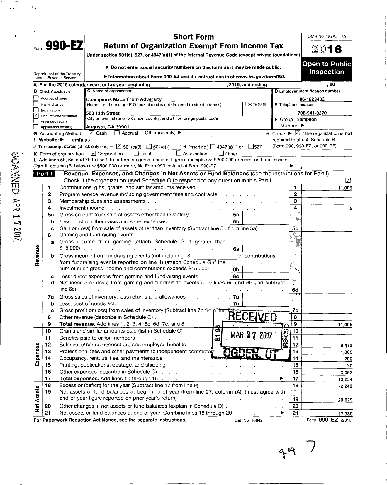 Image of first page of 2016 Form 990EZ for Champions Made From Adversity