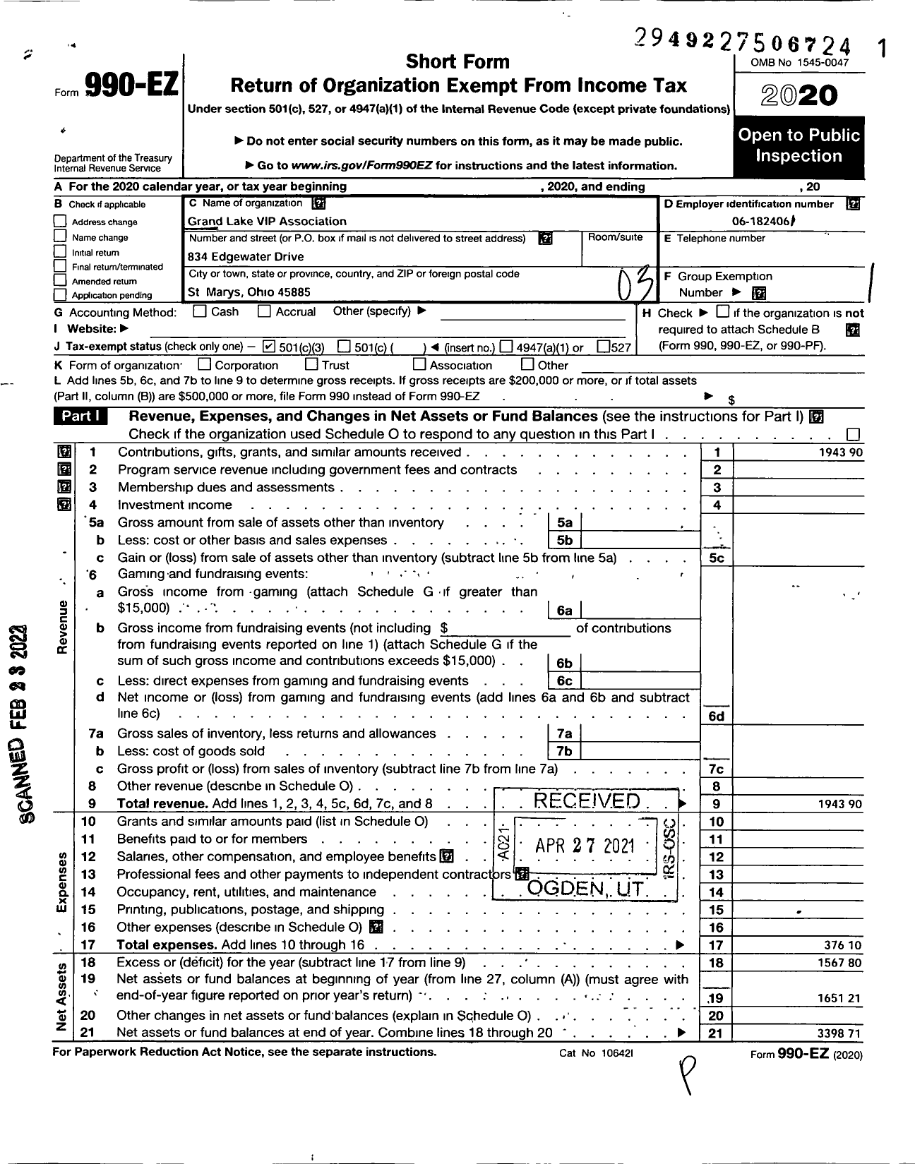 Image of first page of 2020 Form 990EZ for Grand Lake Vip I P Association