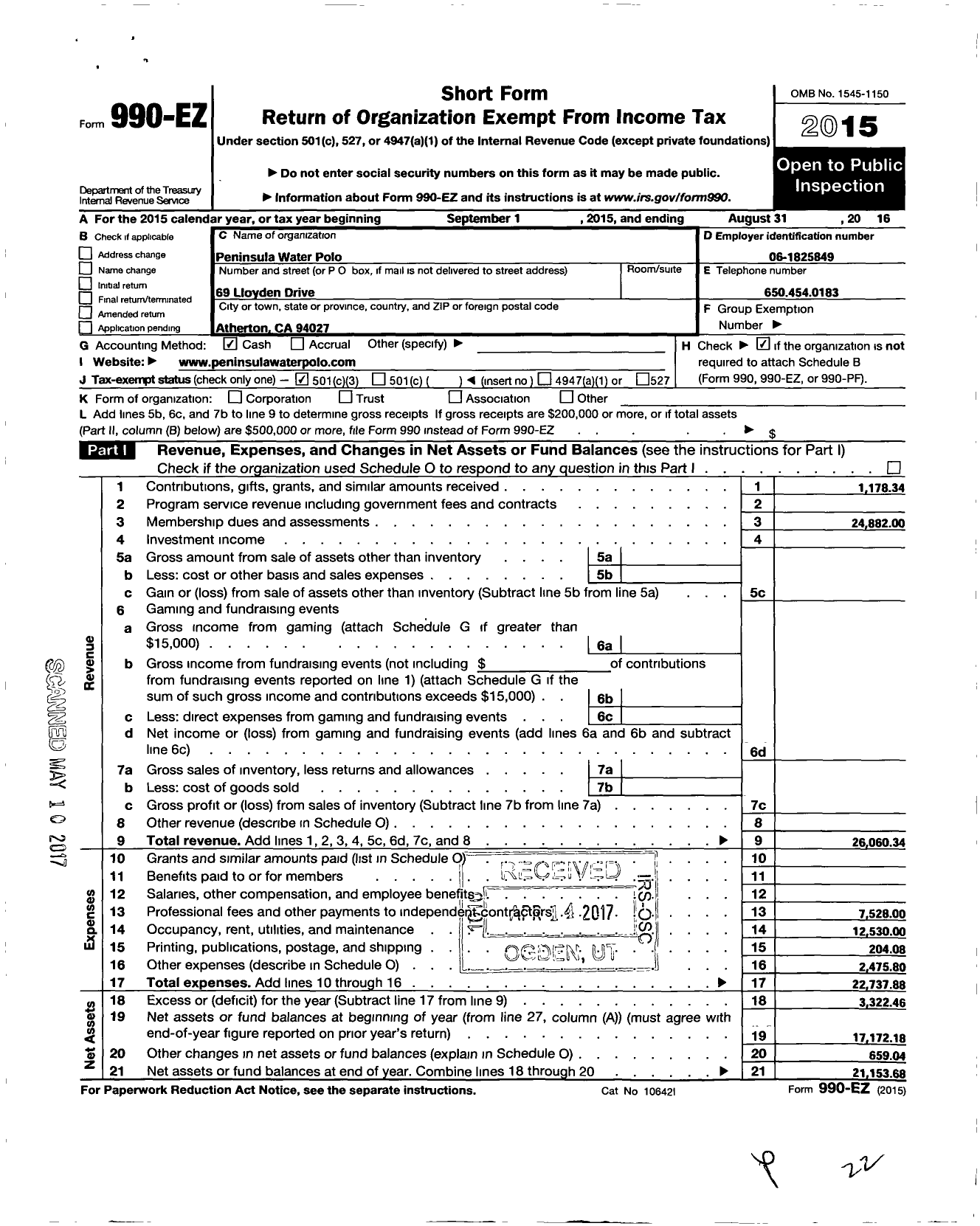 Image of first page of 2015 Form 990EZ for Peninsula Water Polo