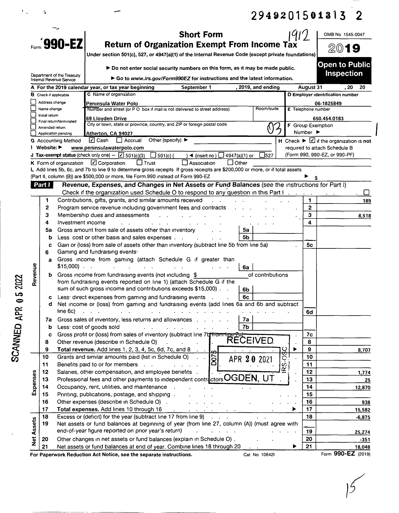 Image of first page of 2019 Form 990EZ for Peninsula Water Polo