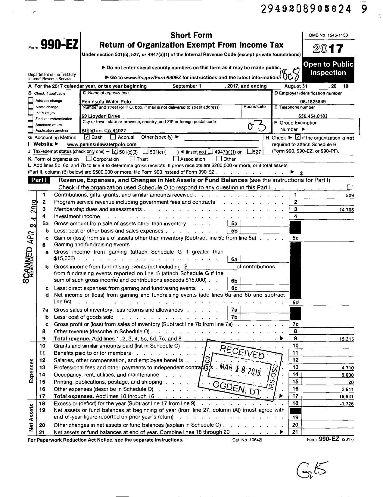 Image of first page of 2017 Form 990EZ for Peninsula Water Polo