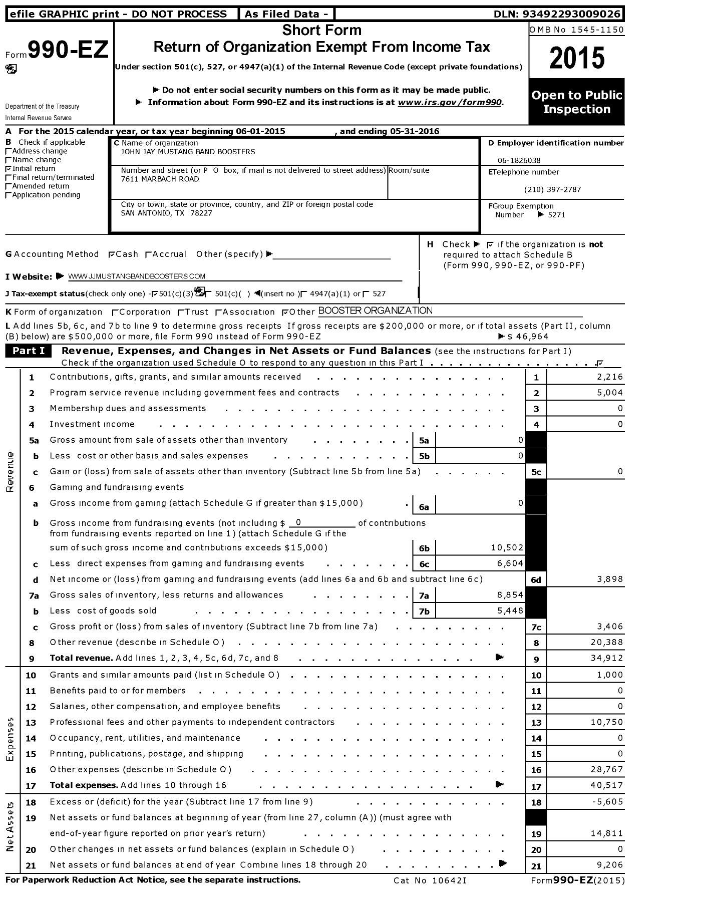 Image of first page of 2015 Form 990EZ for John Jay Mustang Band Boosters