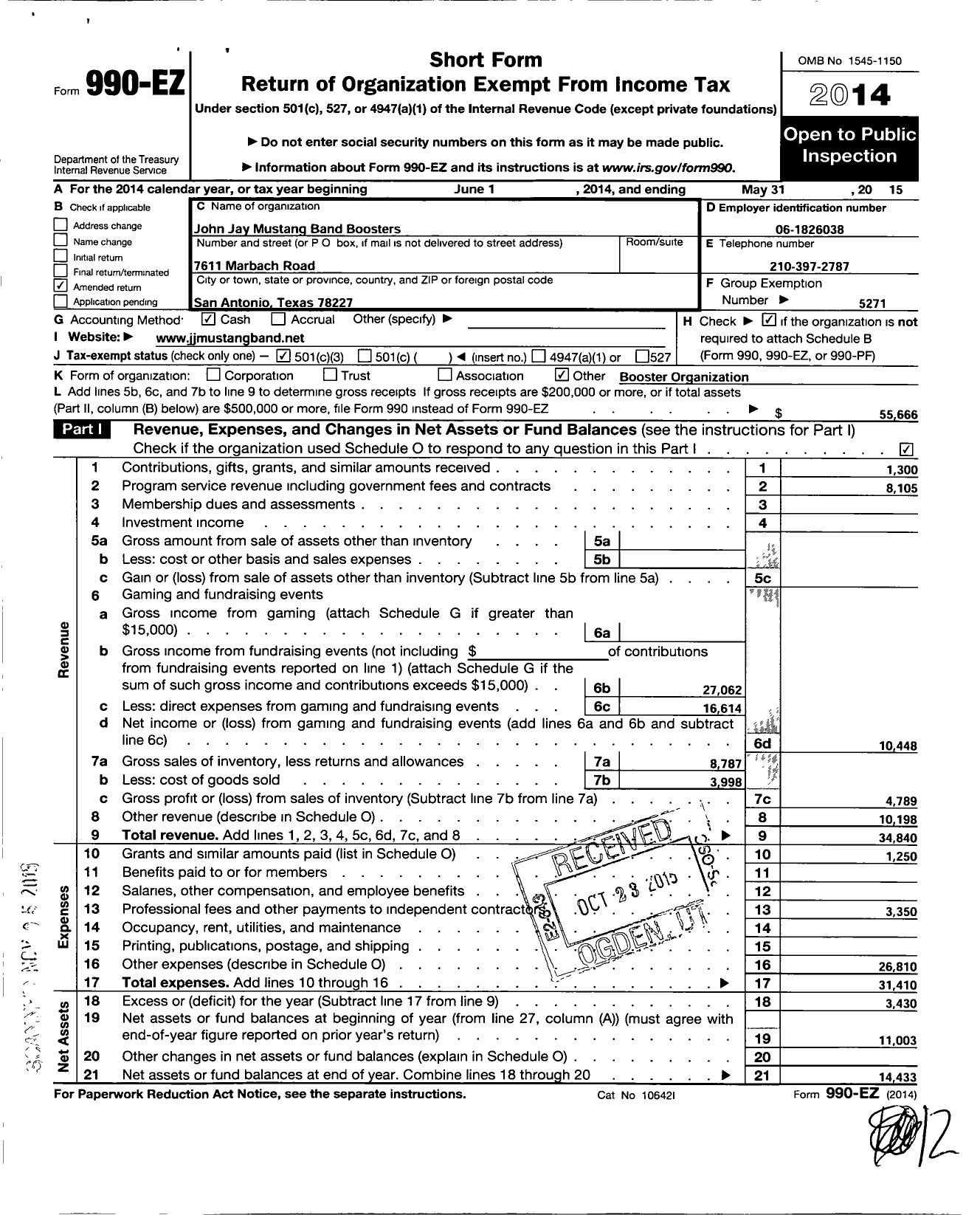 Image of first page of 2014 Form 990EZ for John Jay Mustang Band Boosters