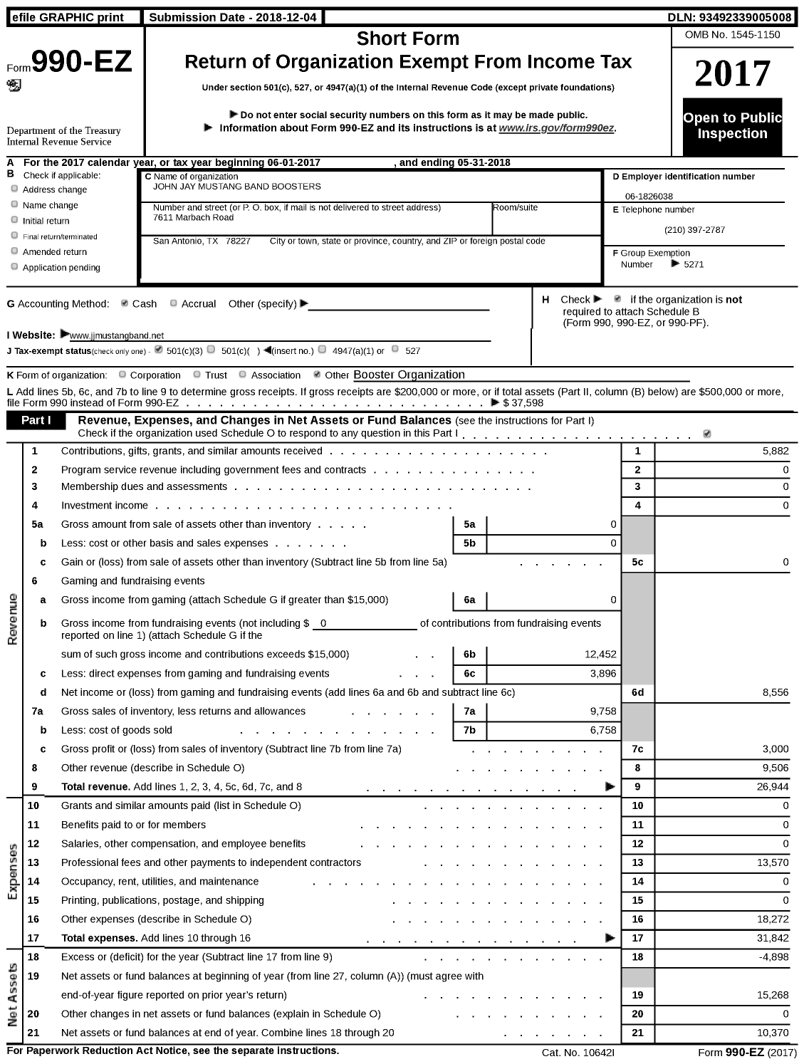 Image of first page of 2017 Form 990EZ for John Jay Mustang Band Boosters