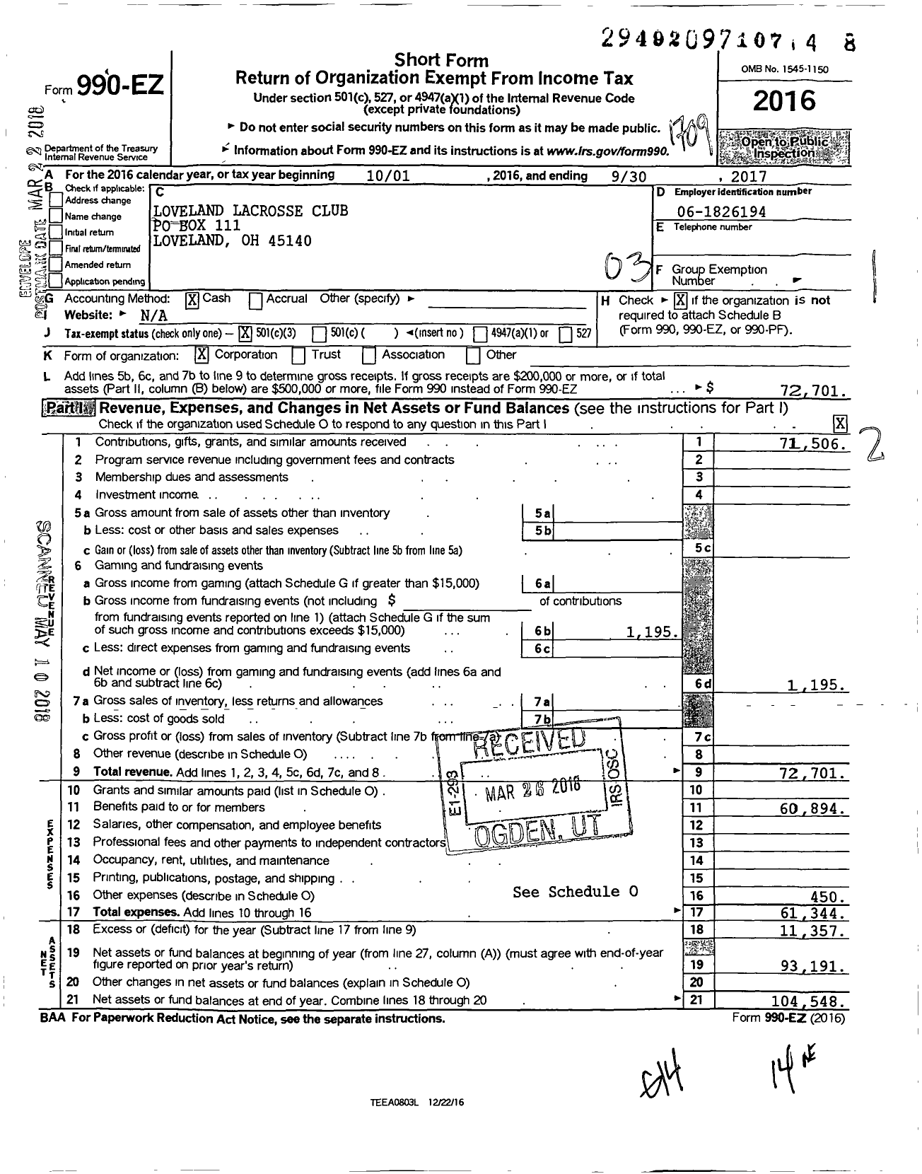 Image of first page of 2016 Form 990EZ for Loveland Lacrosse Club