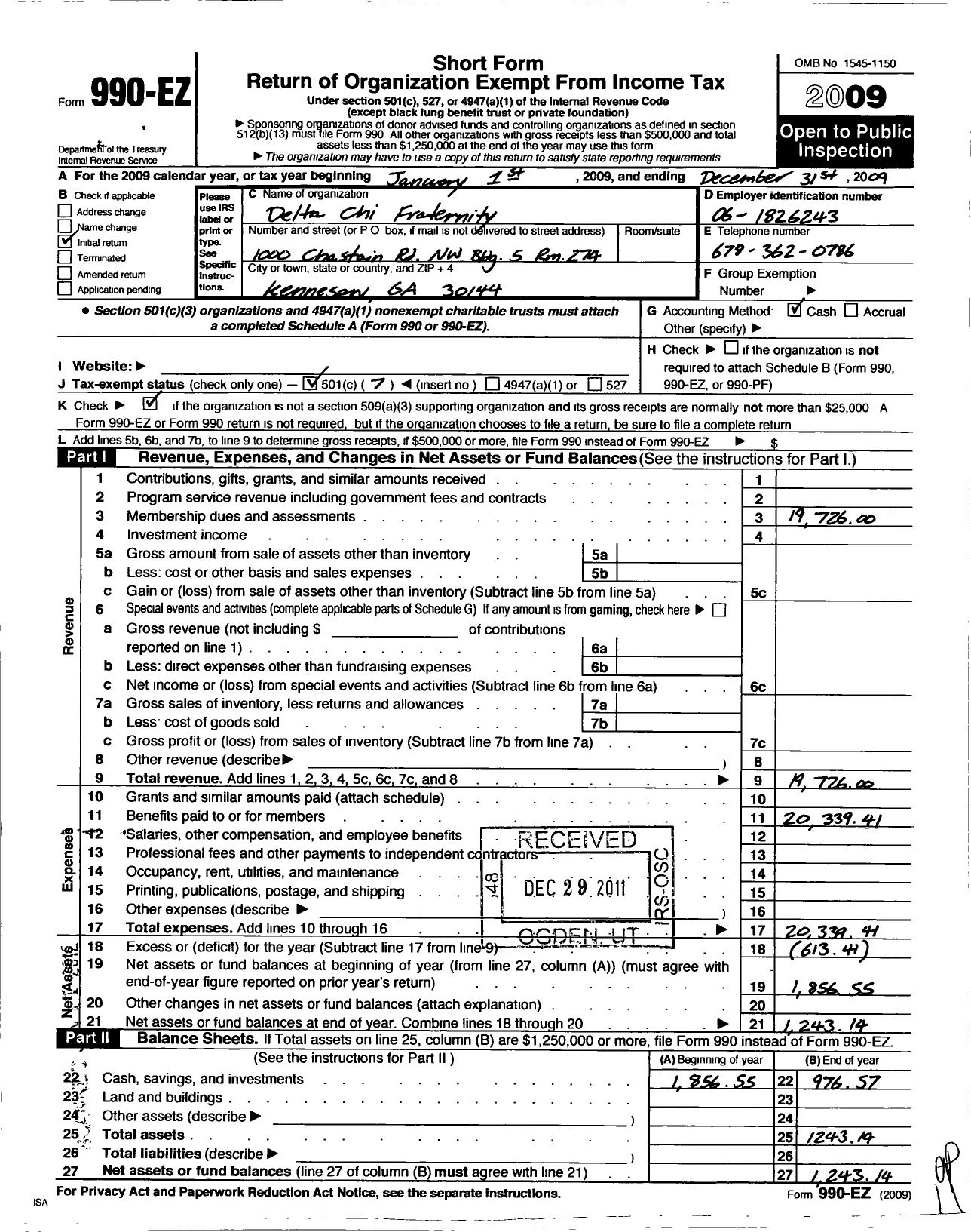 Image of first page of 2009 Form 990EO for Delta Chi Fraternity Kennesaw Chapter