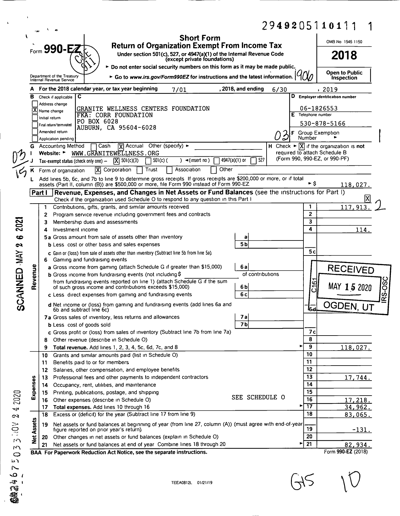Image of first page of 2018 Form 990EZ for Granite Wellness Centers Foundation