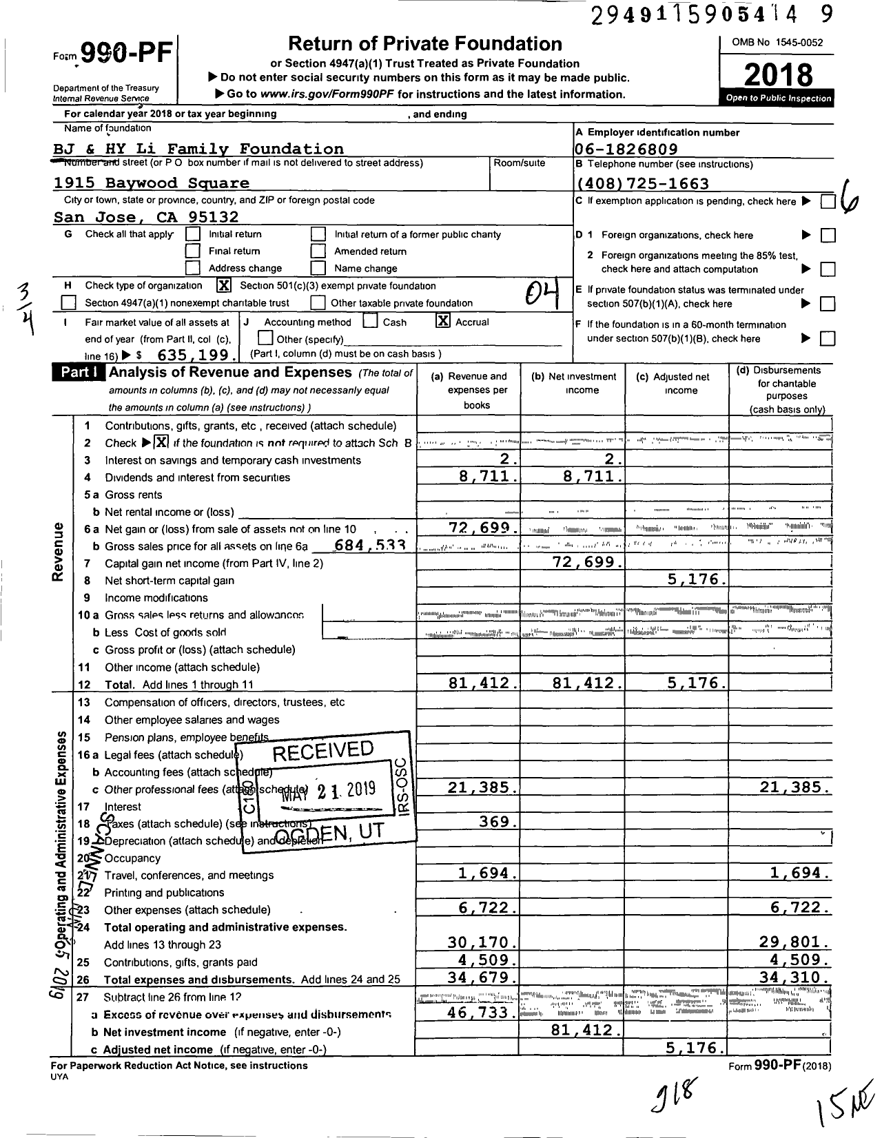 Image of first page of 2018 Form 990PF for BJ & HY Li Family Foundation