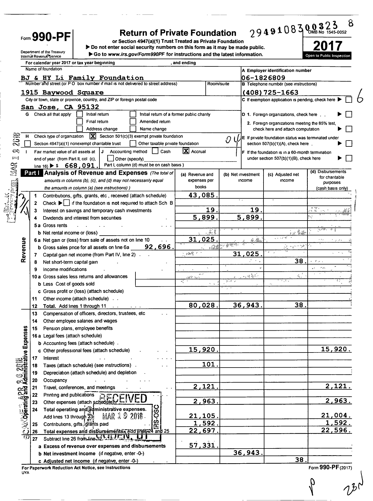 Image of first page of 2017 Form 990PF for BJ & HY Li Family Foundation