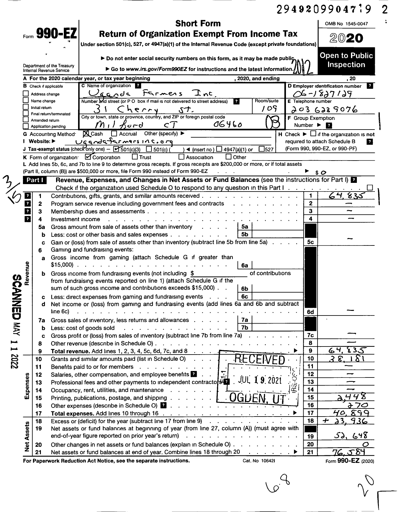 Image of first page of 2020 Form 990EZ for Uganda Farmers