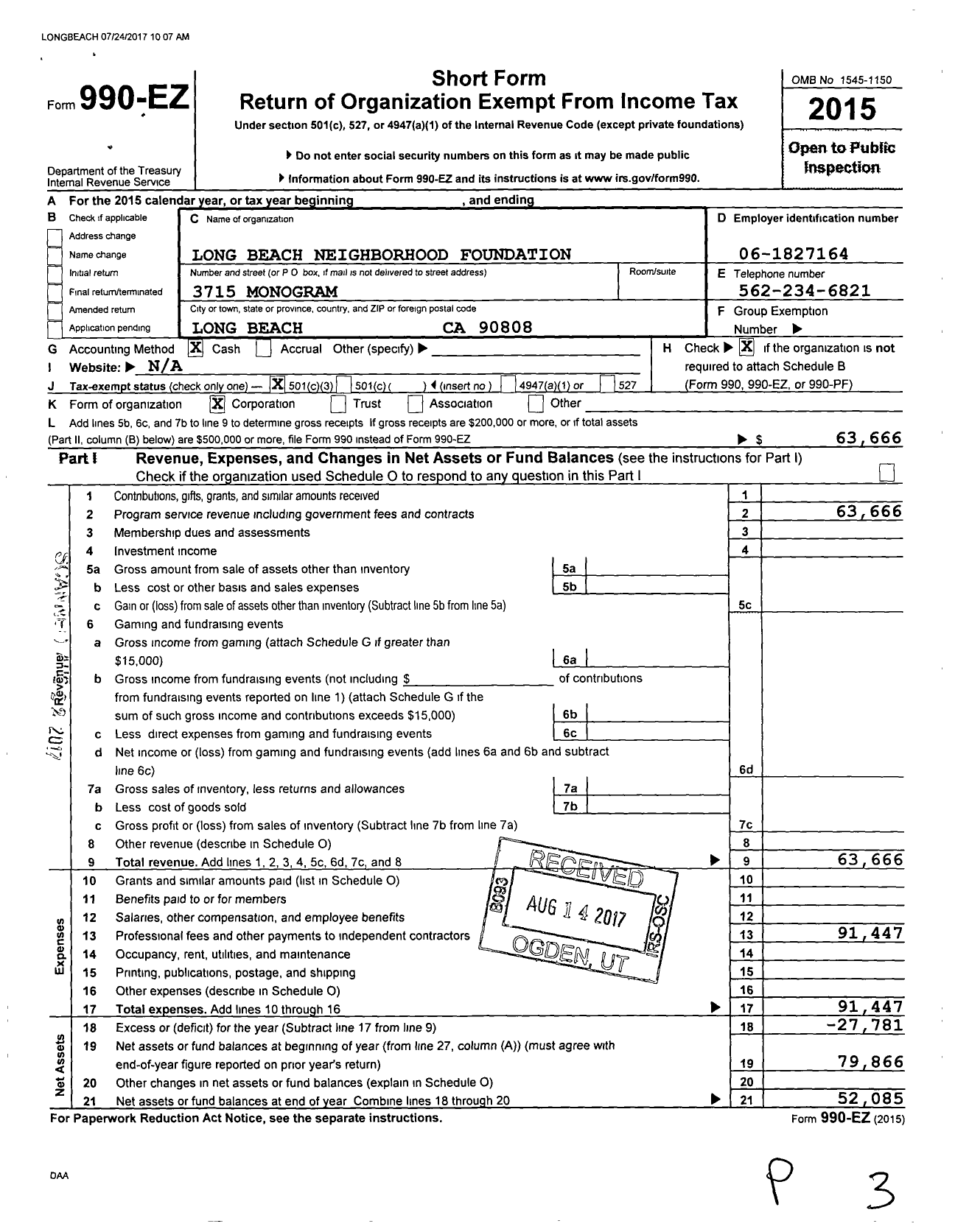 Image of first page of 2015 Form 990EZ for Long Beach Neighborhood Foundation