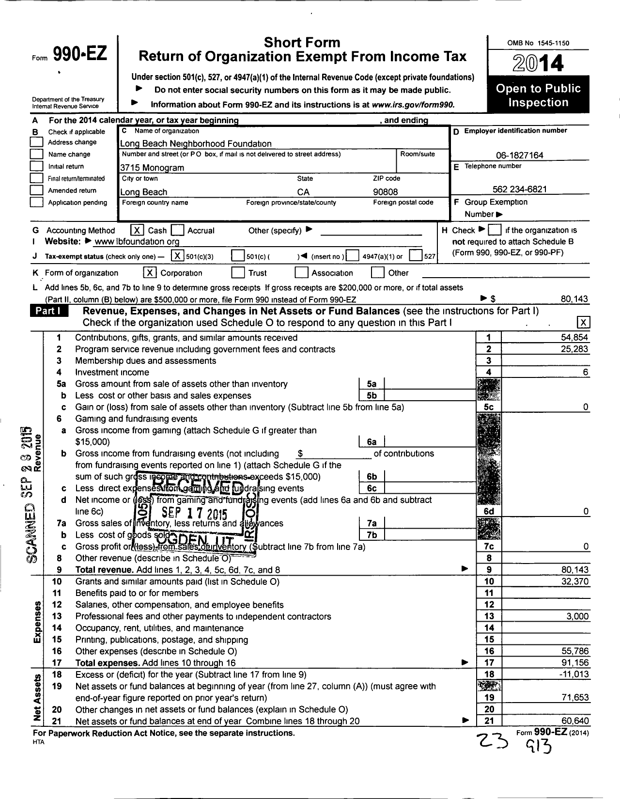 Image of first page of 2014 Form 990EZ for Long Beach Neighborhood Foundation