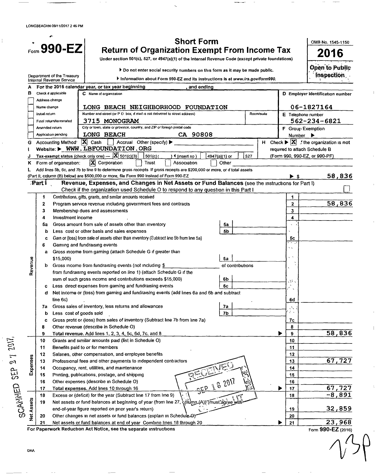 Image of first page of 2016 Form 990EZ for Long Beach Neighborhood Foundation