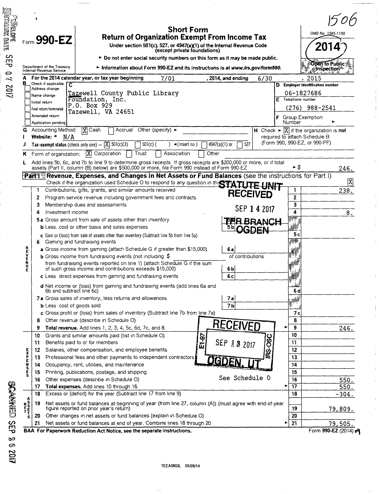 Image of first page of 2014 Form 990EZ for Tazewell County Public Library Foundation