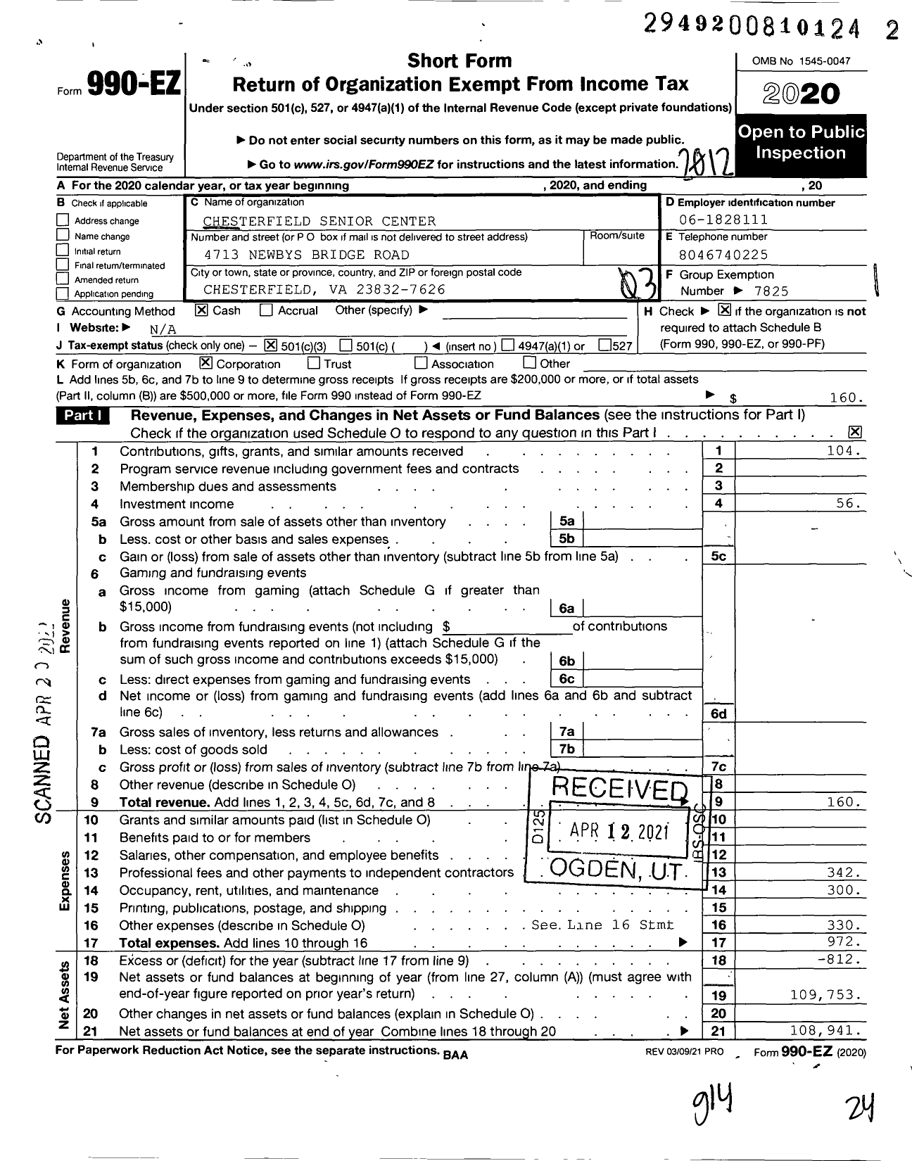 Image of first page of 2020 Form 990EZ for Chesterfield Senior Center