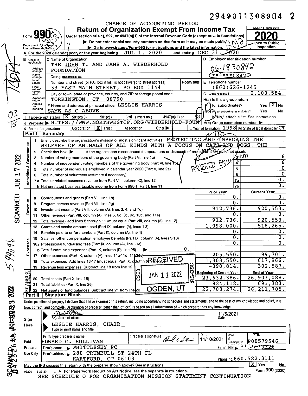 Image of first page of 2020 Form 990 for The John T and Jane A Wiederhold Foundation