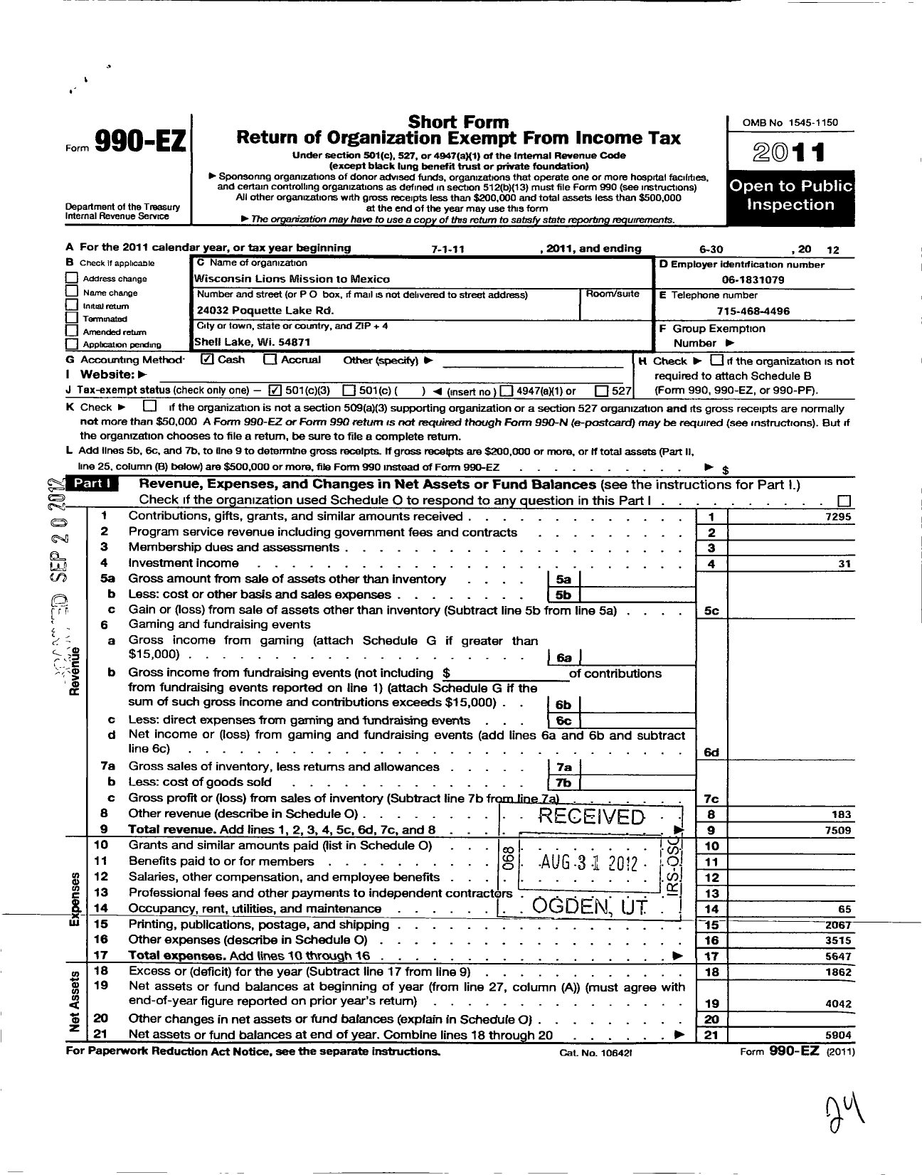 Image of first page of 2011 Form 990EZ for Wisconsin Lions Mission