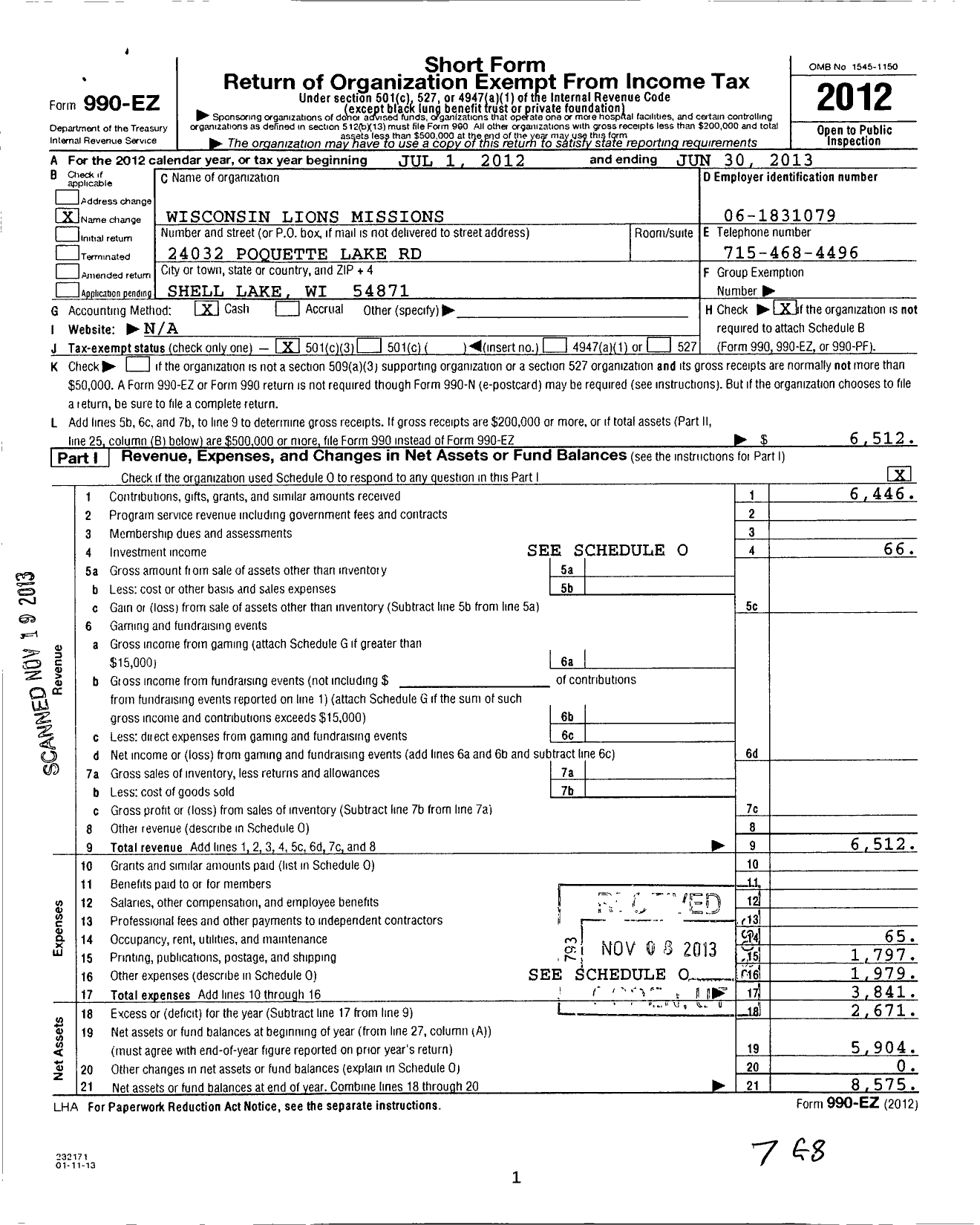 Image of first page of 2012 Form 990EZ for Wisconsin Lions Mission