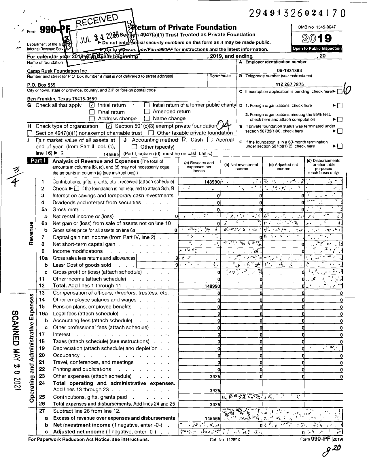 Image of first page of 2019 Form 990PF for Camp Rusk Foundation